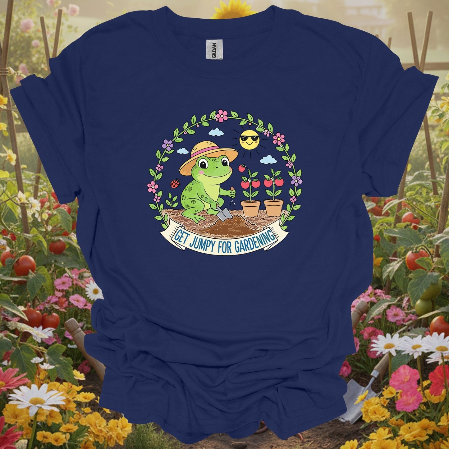 Navy shirt showing get jumpy for gardening funny frog tomato for home gardeners