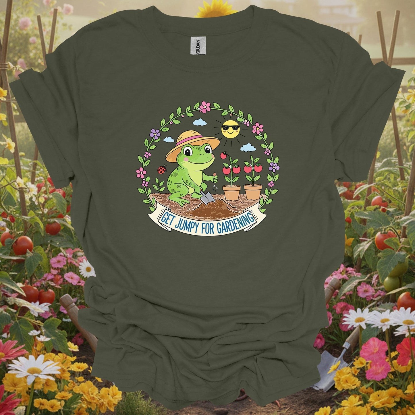 Military Green top showing get jumpy for gardening funny frog tomato for nature lovers