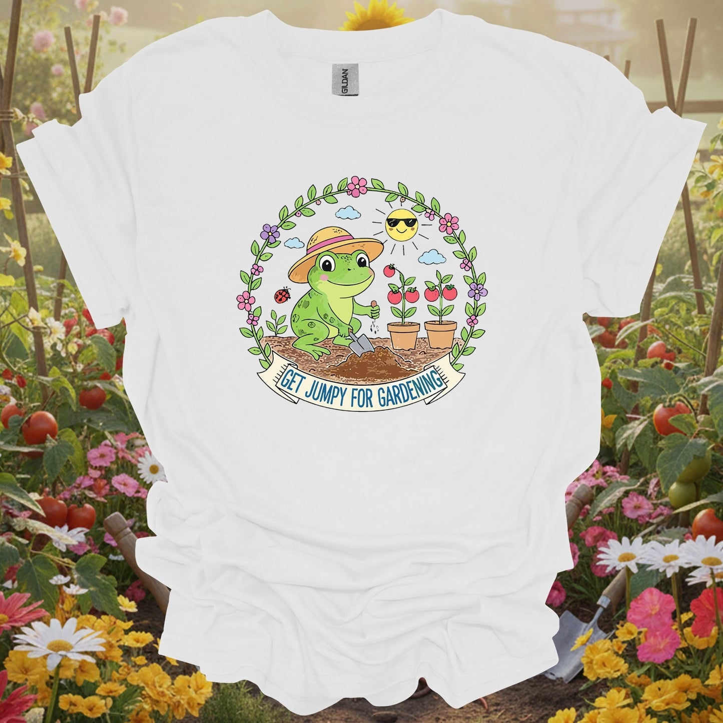 White tee showing get jumpy for gardening funny frog tomato for garden hobbyists