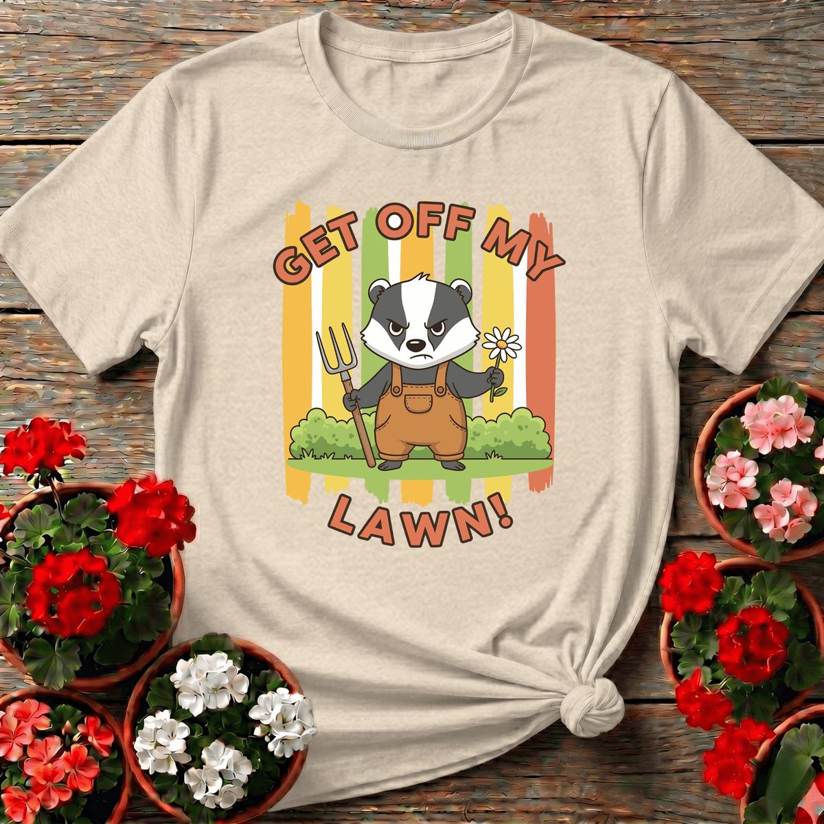 Natural warm vintage kawaii badger tee "Get Off My Lawn" for honest gardeners