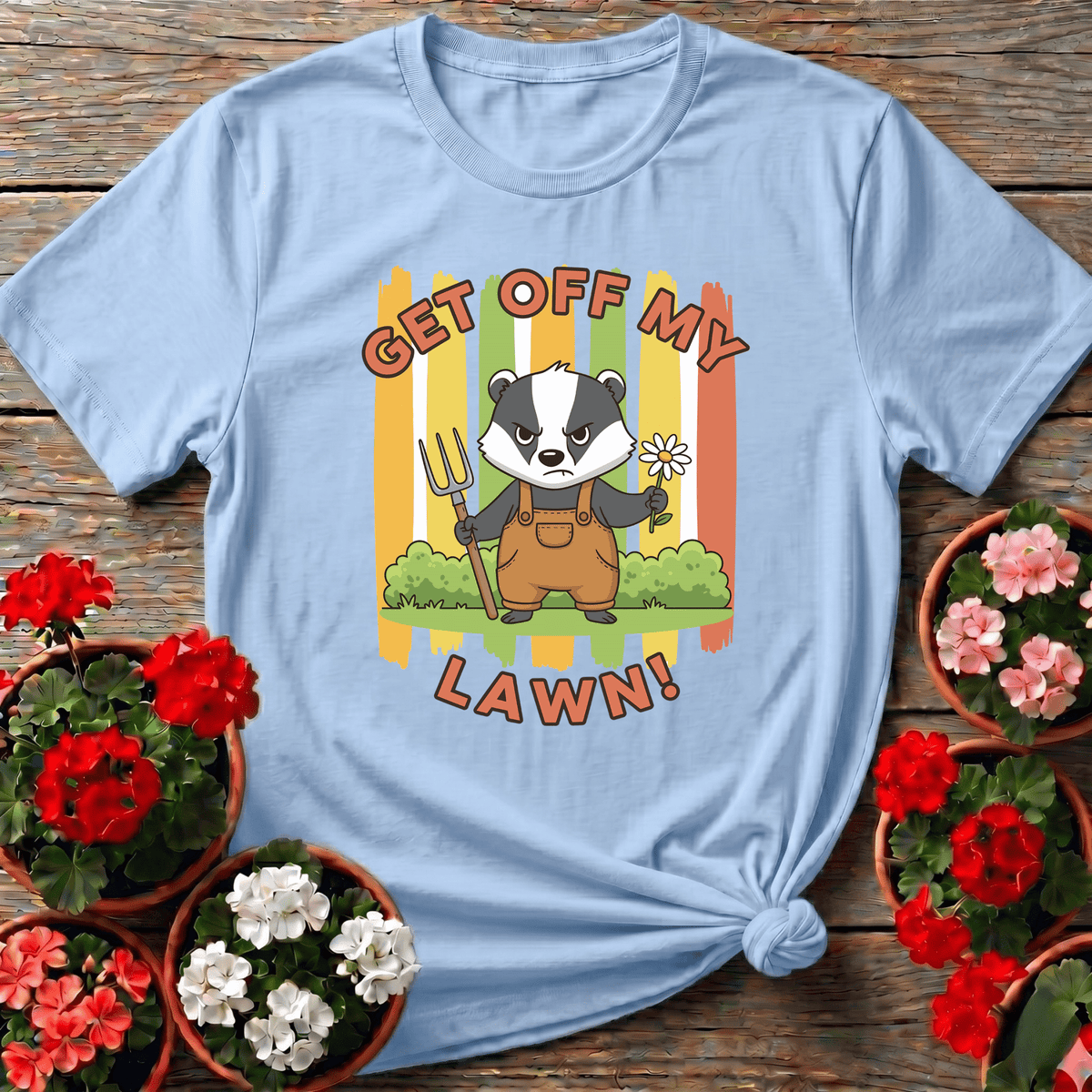 Light Blue cottagecore retro angry badger gardening top "Get Off My Lawn" for yard enthusiasts
