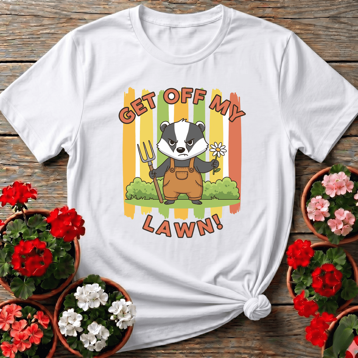 White vintage cottagecore angry badger shirt "Get Off My Lawn" for lawn lovers