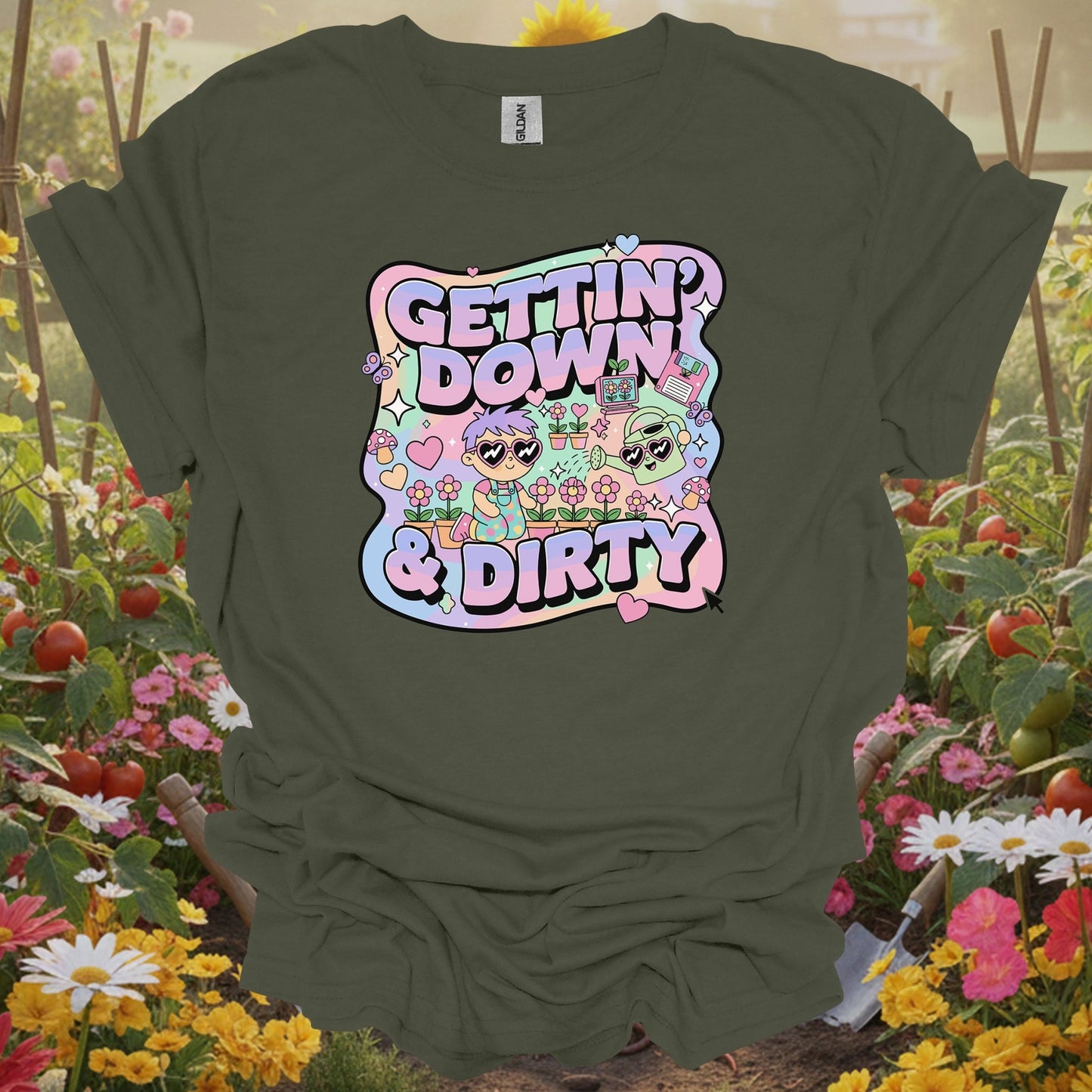 Military Green top showing gettin down & dirty cute 90s aesthetic for nature lovers