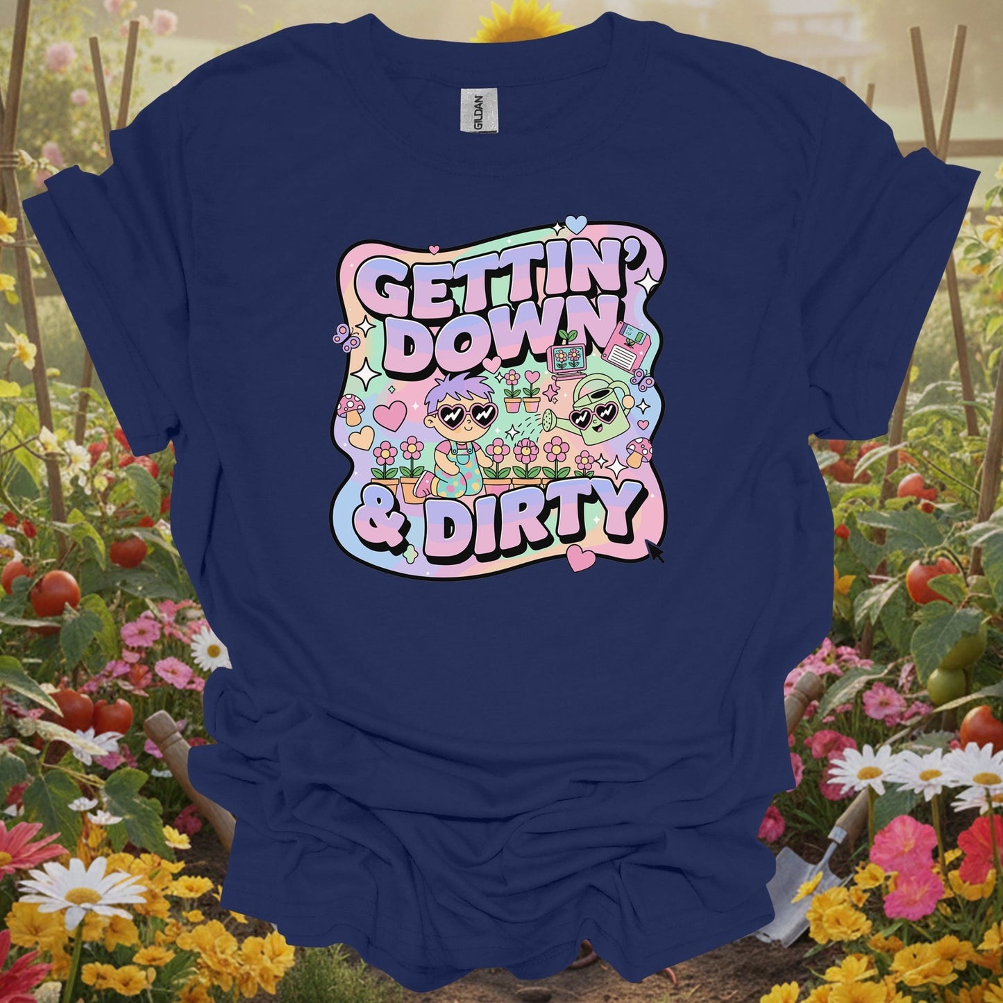 Navy shirt showing gettin down & dirty cute 90s aesthetic for home gardeners