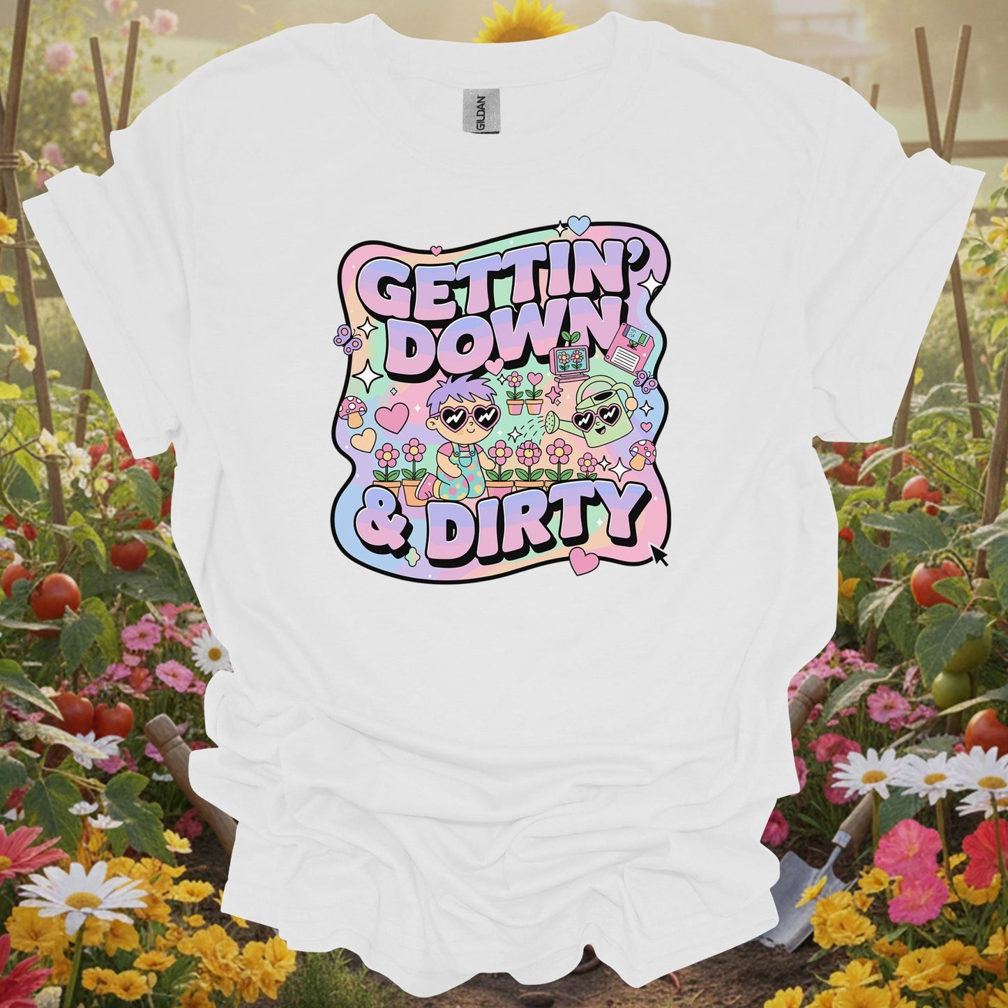 White tee showing gettin down & dirty cute 90s aesthetic for garden hobbyists