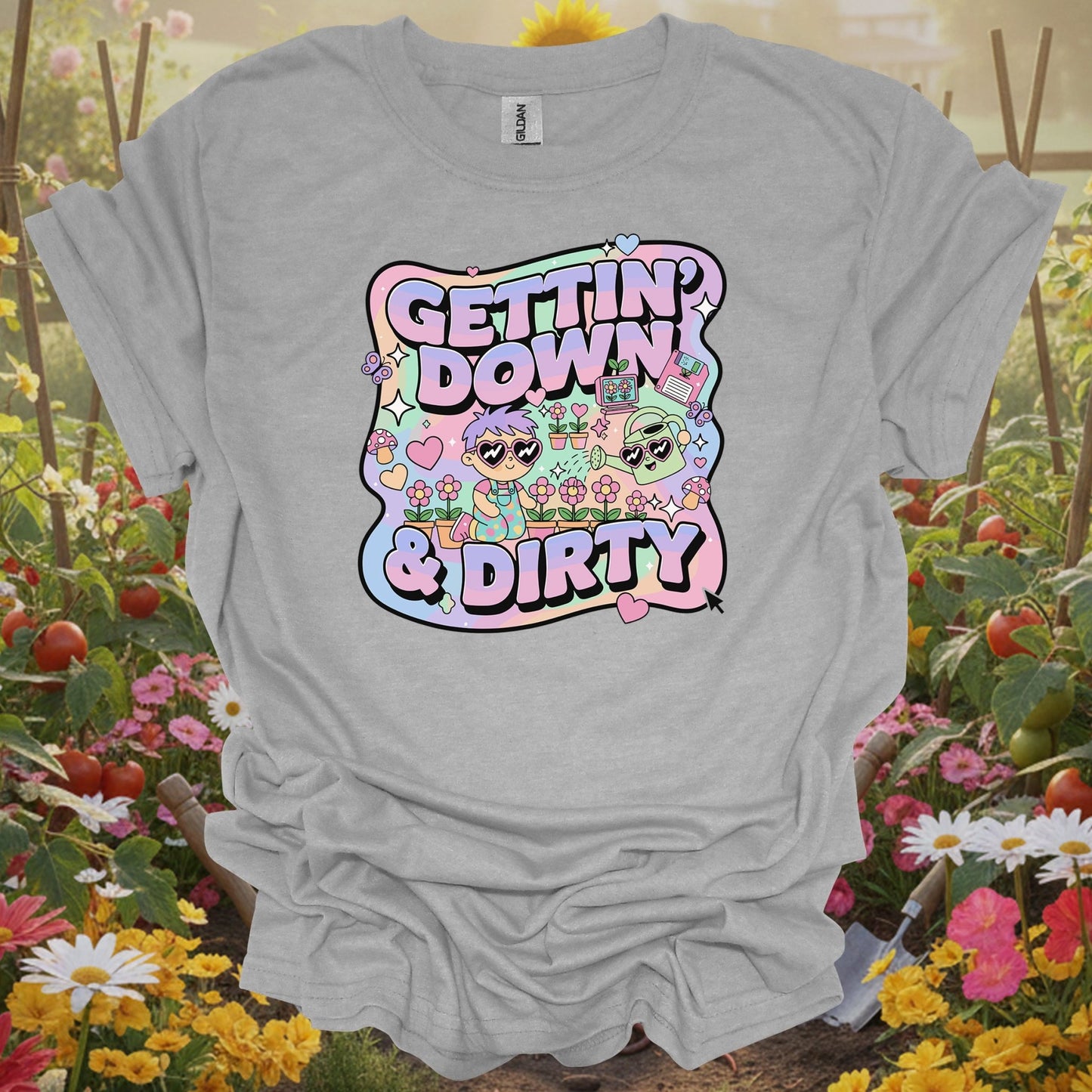 Sport Grey tshirt showing gettin down & dirty cute 90s aesthetic for backyard growers
