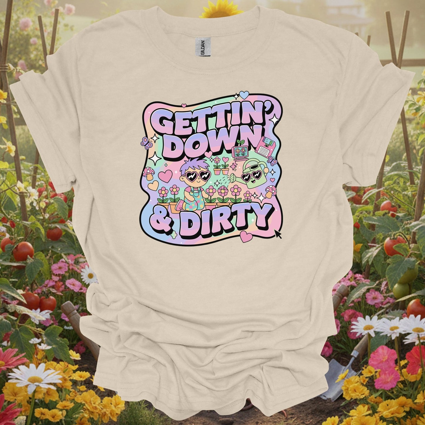 Natural tshirt showing gettin down & dirty cute 90s aesthetic for people who love plants