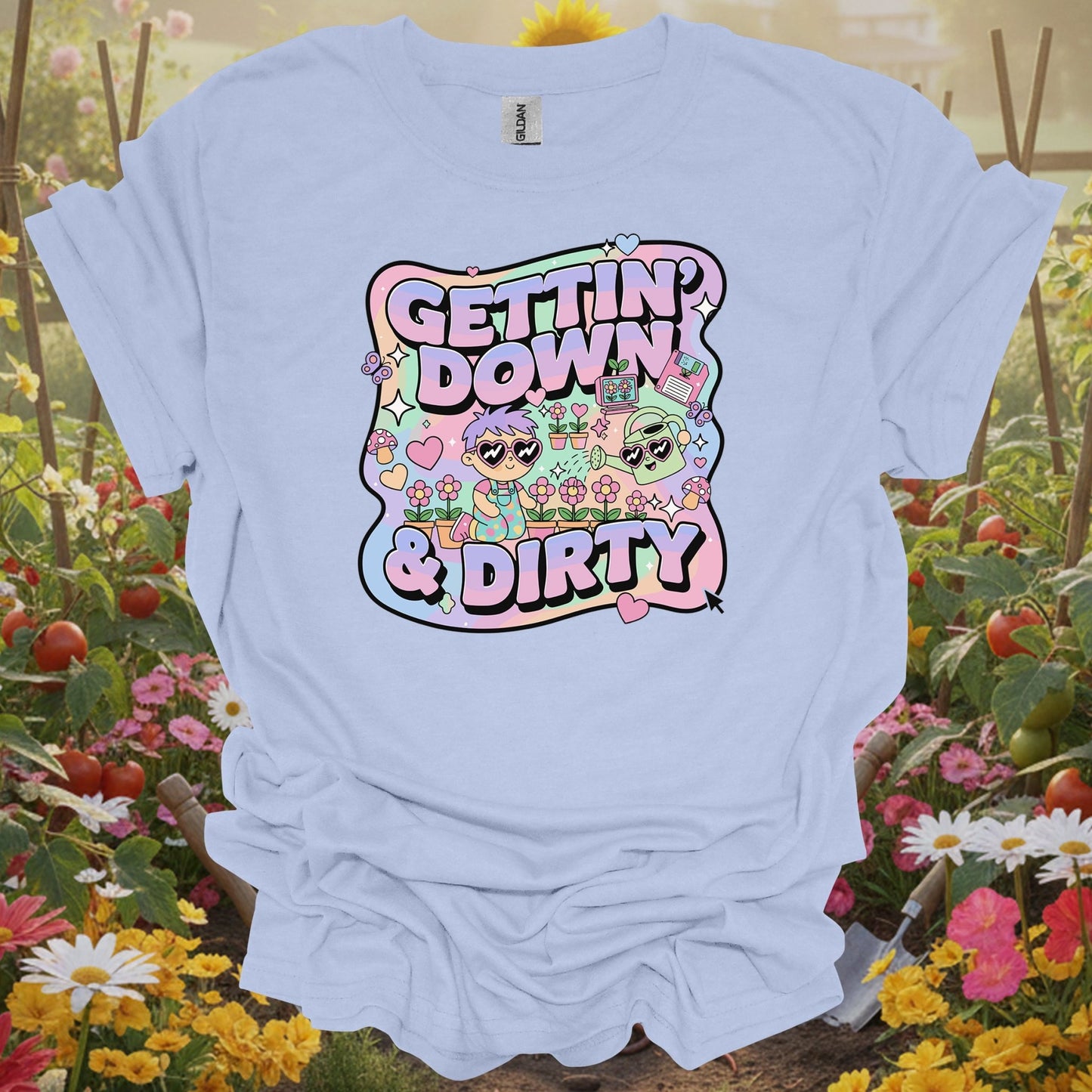 Light Blue tee showing gettin down & dirty cute 90s aesthetic for plant lovers