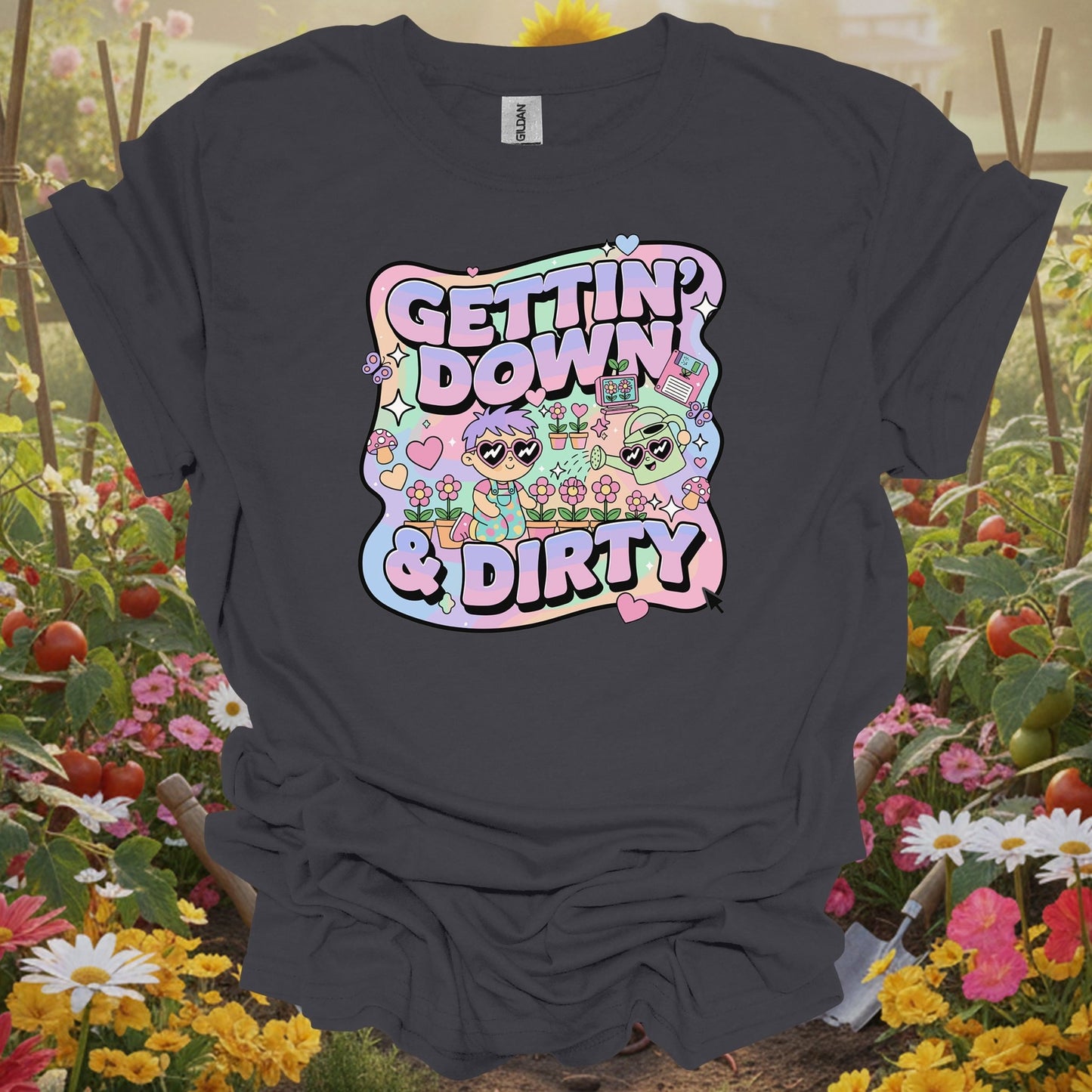 Charcoal tshirt showing gettin down & dirty cute 90s aesthetic for gardening enthusiasts