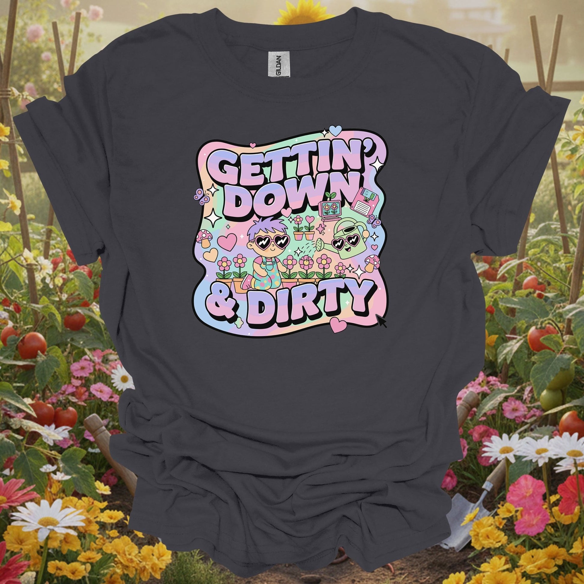 Charcoal tshirt showing gettin down & dirty cute 90s aesthetic for gardening enthusiasts