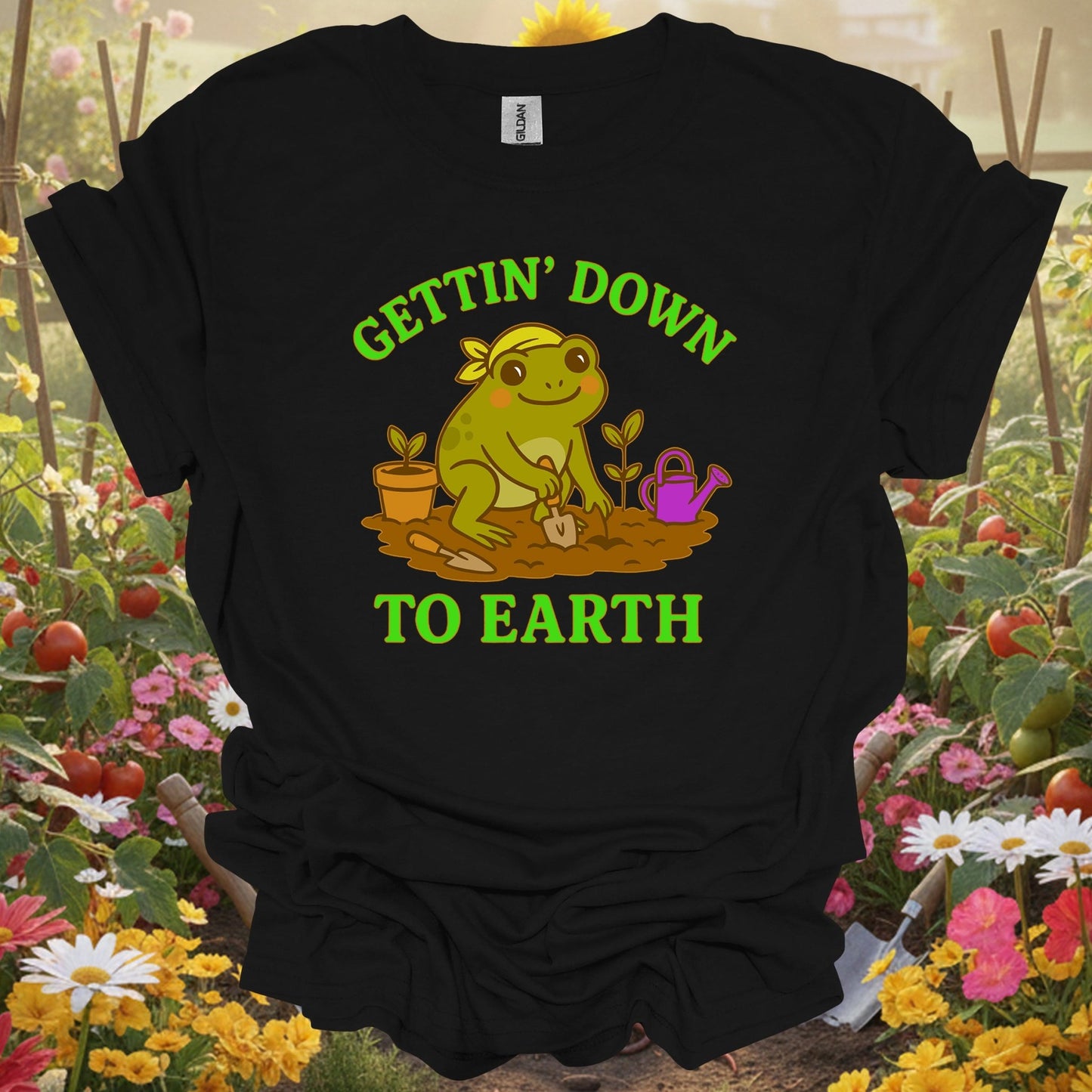 Black top showing gettin down to earth cute frog for nature lovers