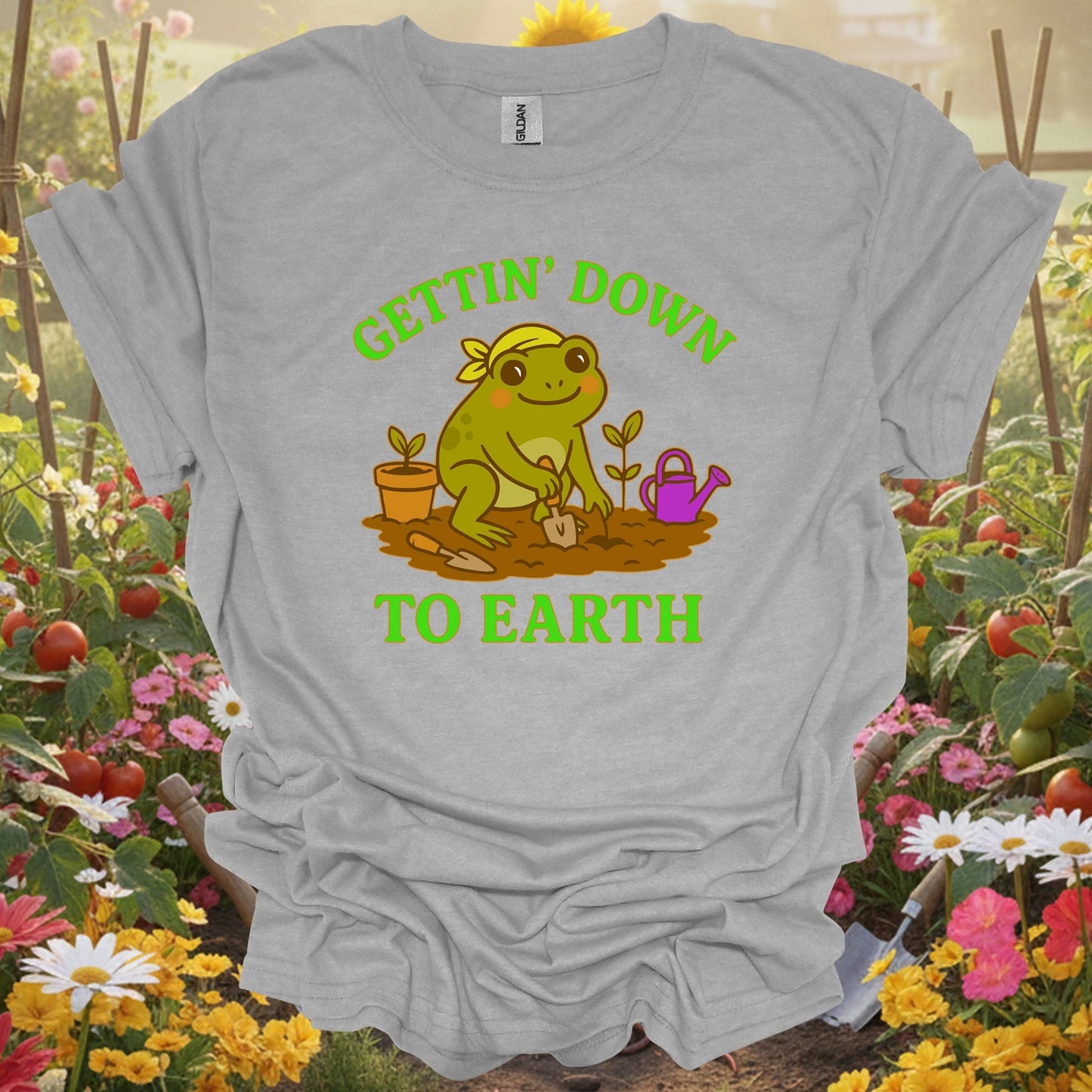 Sport Grey tee showing gettin down to earth cute frog for garden hobbyists