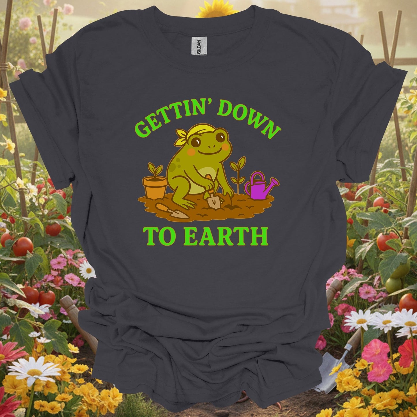 Charcoal tee showing gettin down to earth cute frog for plant lovers
