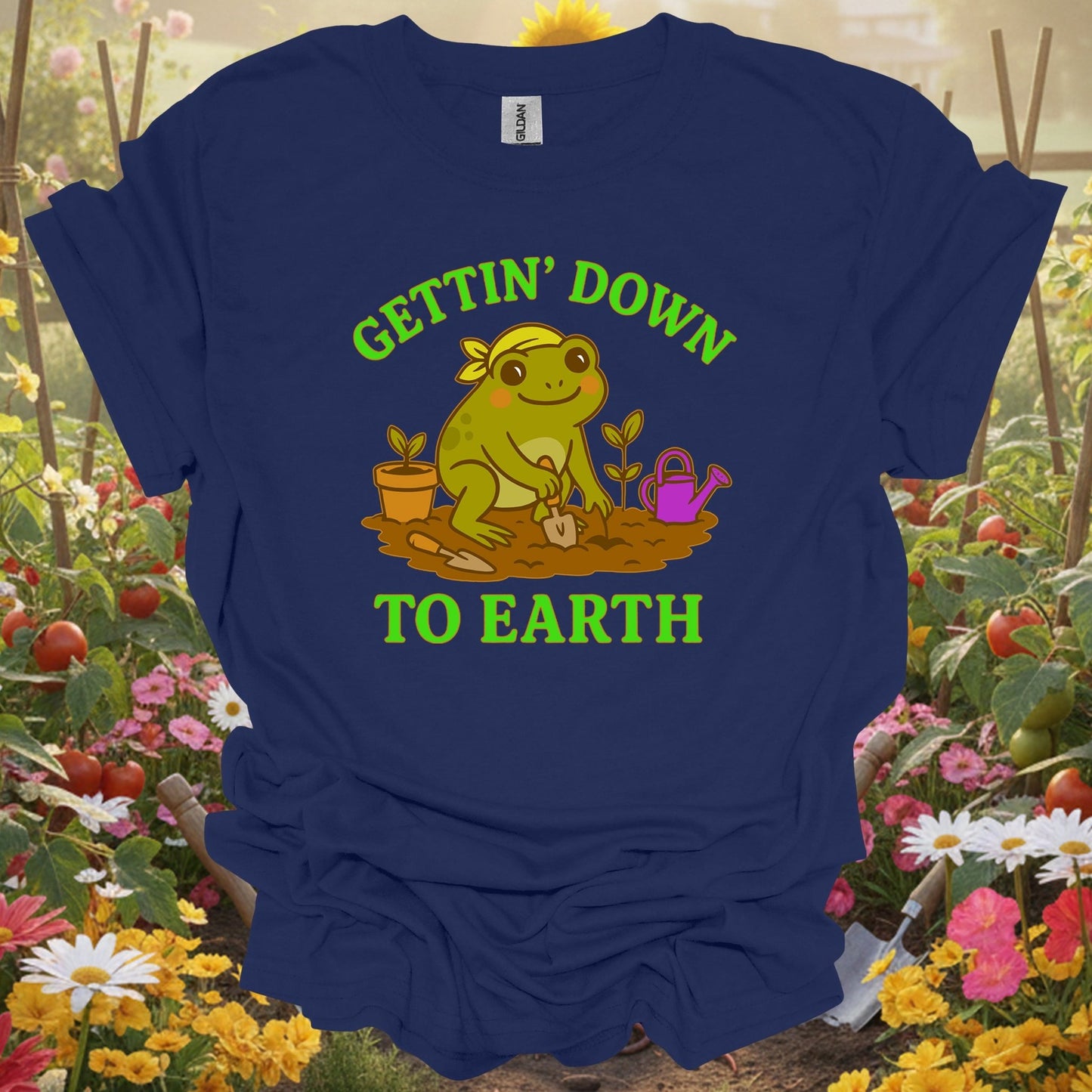 Navy top showing gettin down to earth cute frog for green thumb folks