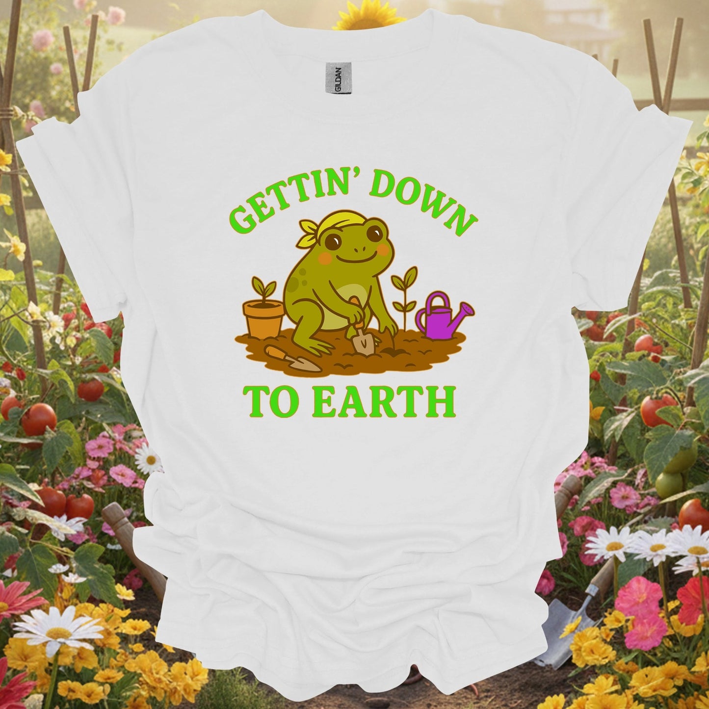 White shirt showing gettin down to earth cute frog for outdoor enthusiasts
