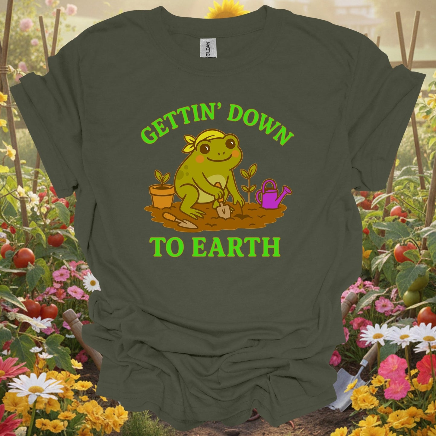 Military Green tshirt showing gettin down to earth cute frog for gardening enthusiasts