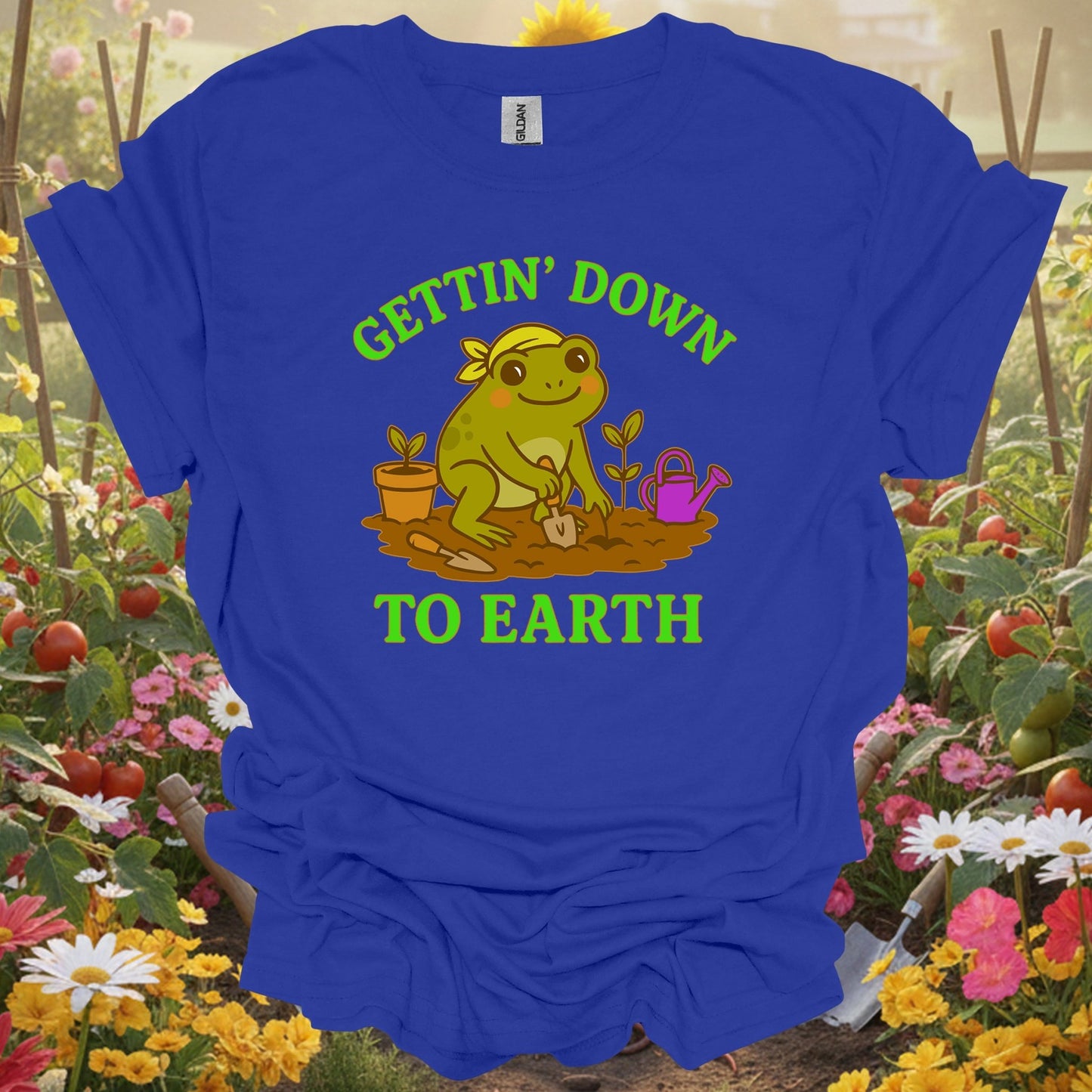 Royal tshirt showing gettin down to earth cute frog for backyard growers