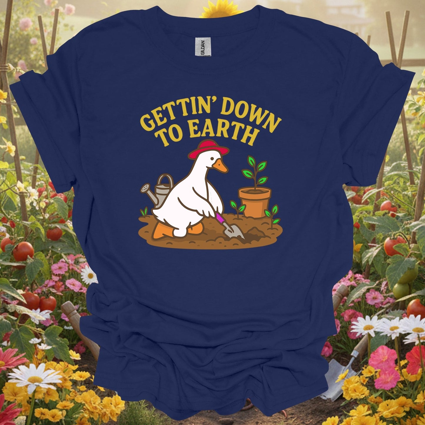 Navy top showing gettin' down to earth cute goose t shirt for green thumb folks