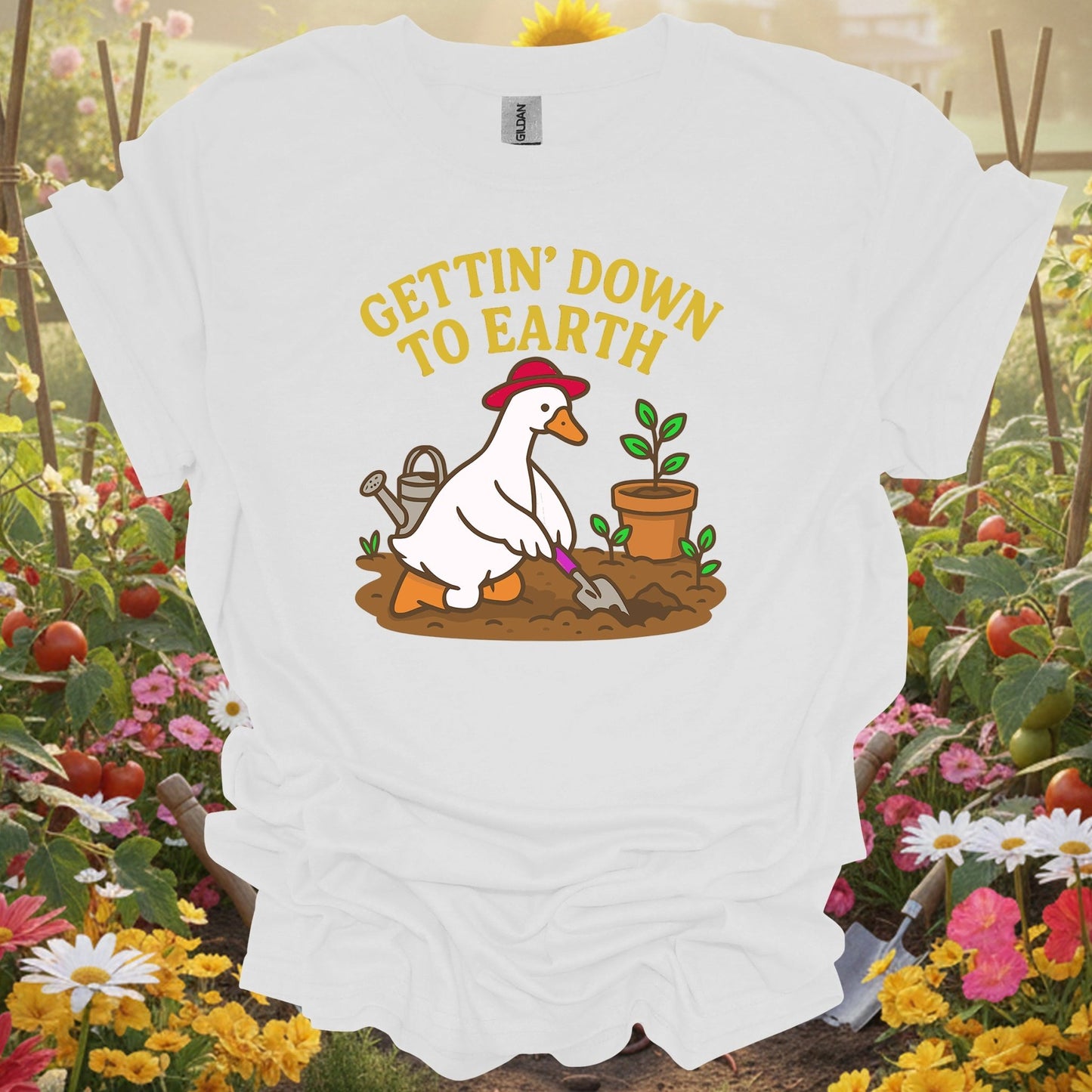 White shirt showing gettin' down to earth cute goose t shirt for outdoor enthusiasts