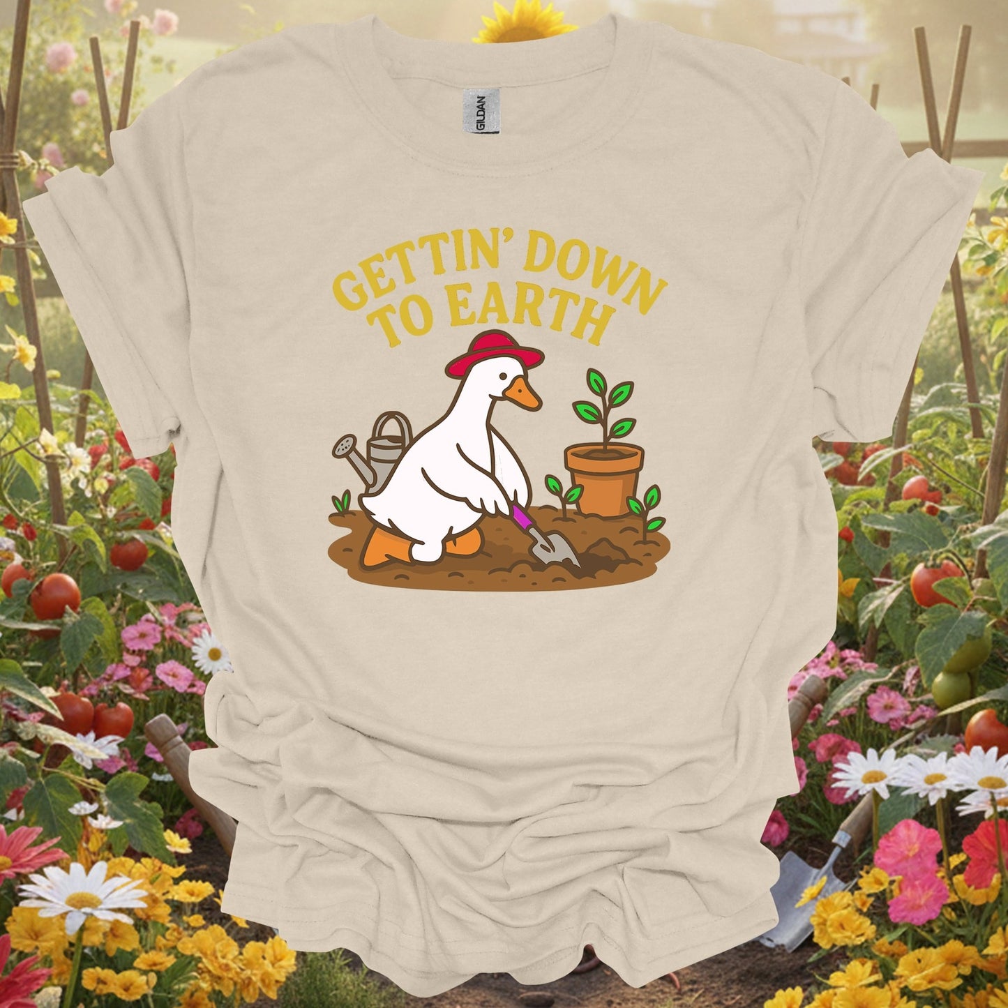 Natural tshirt showing gettin' down to earth cute goose t shirt for people who love plants