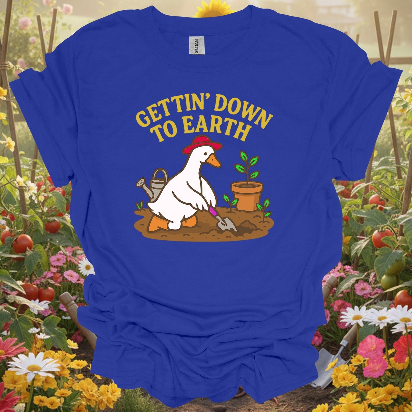Royal tshirt showing gettin' down to earth cute goose t shirt for backyard growers