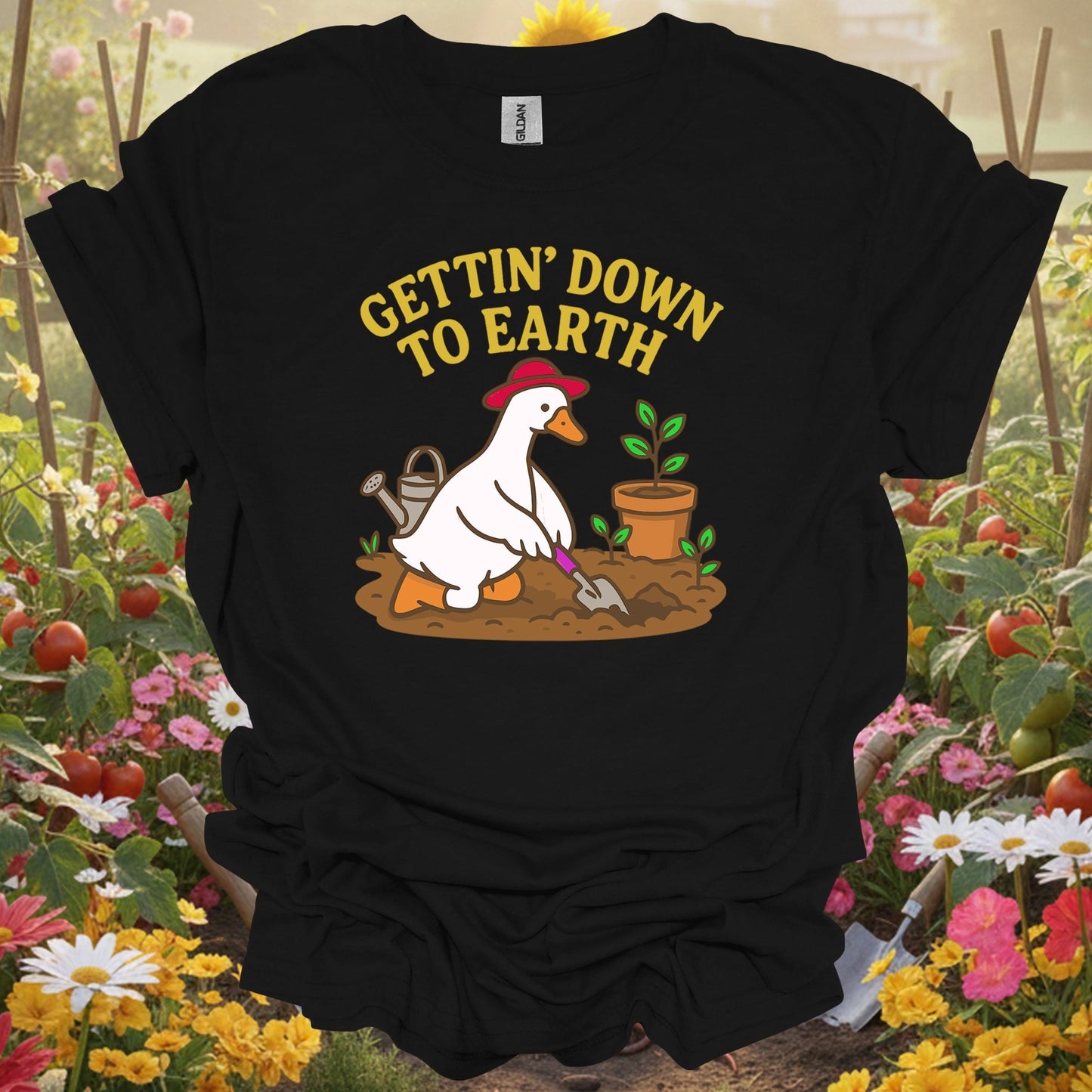 Black tshirt showing gettin' down to earth cute goose t shirt for gardening enthusiasts