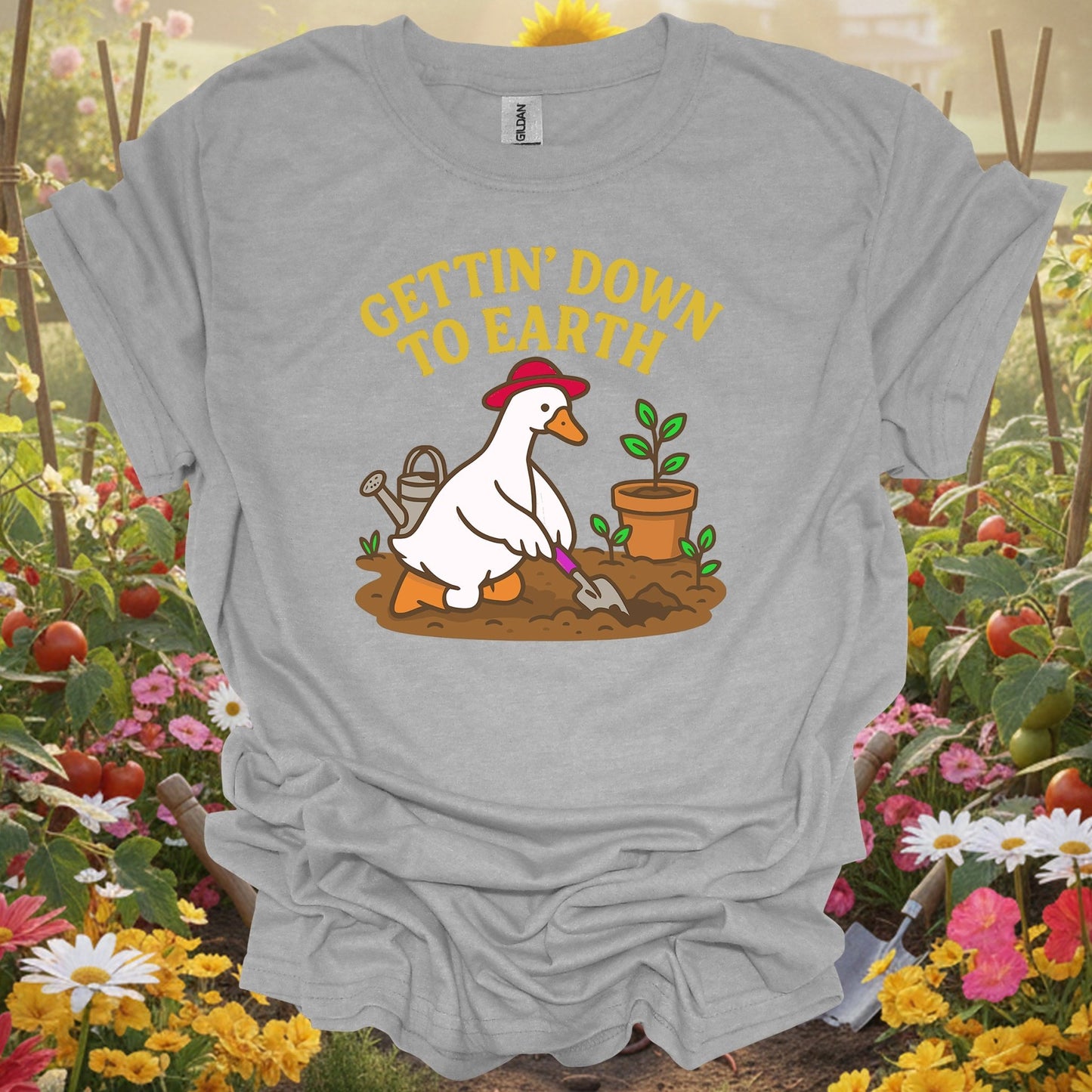 Sport Grey tee showing gettin' down to earth cute goose t shirt for garden hobbyists