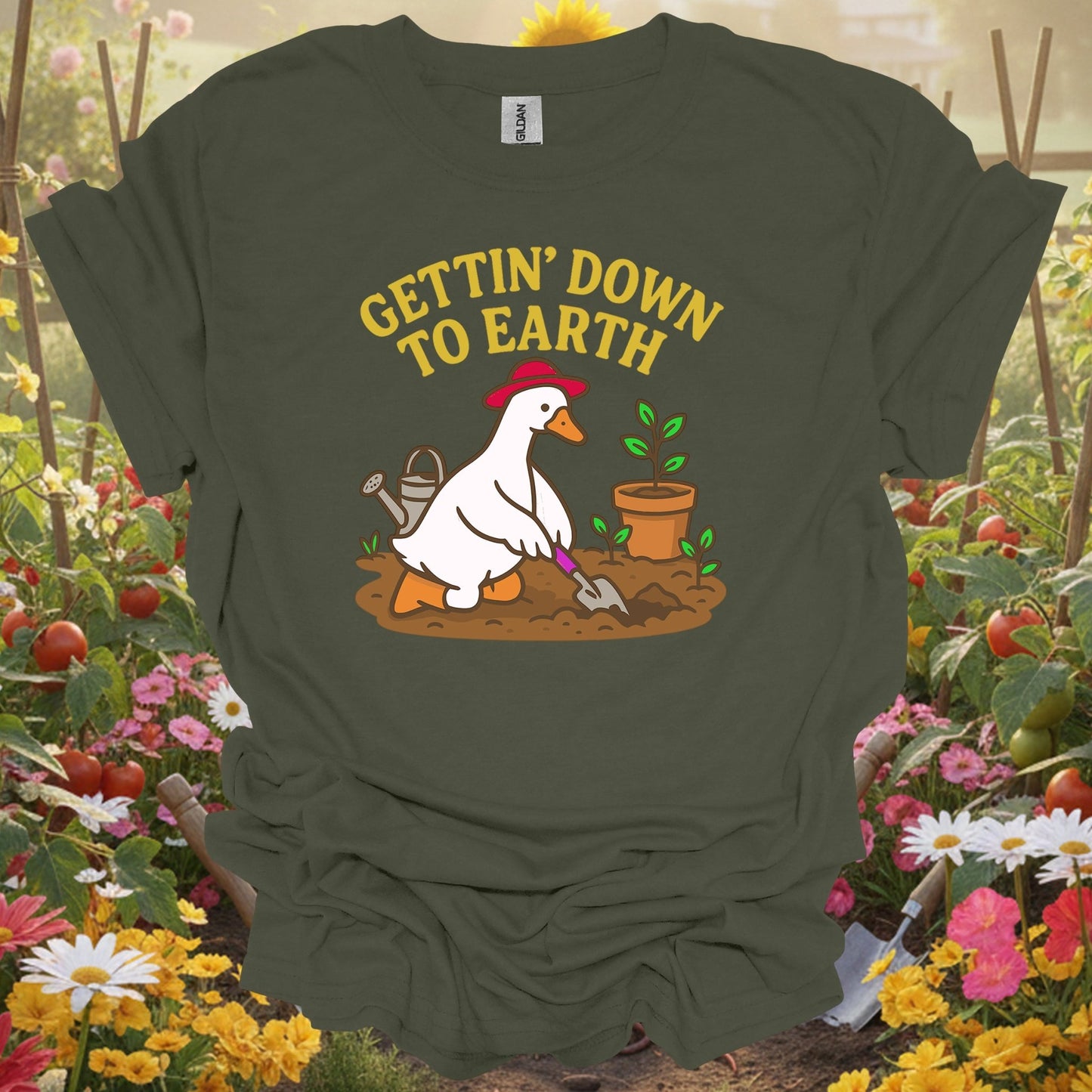 Military Green top showing gettin' down to earth cute goose t shirt for nature lovers