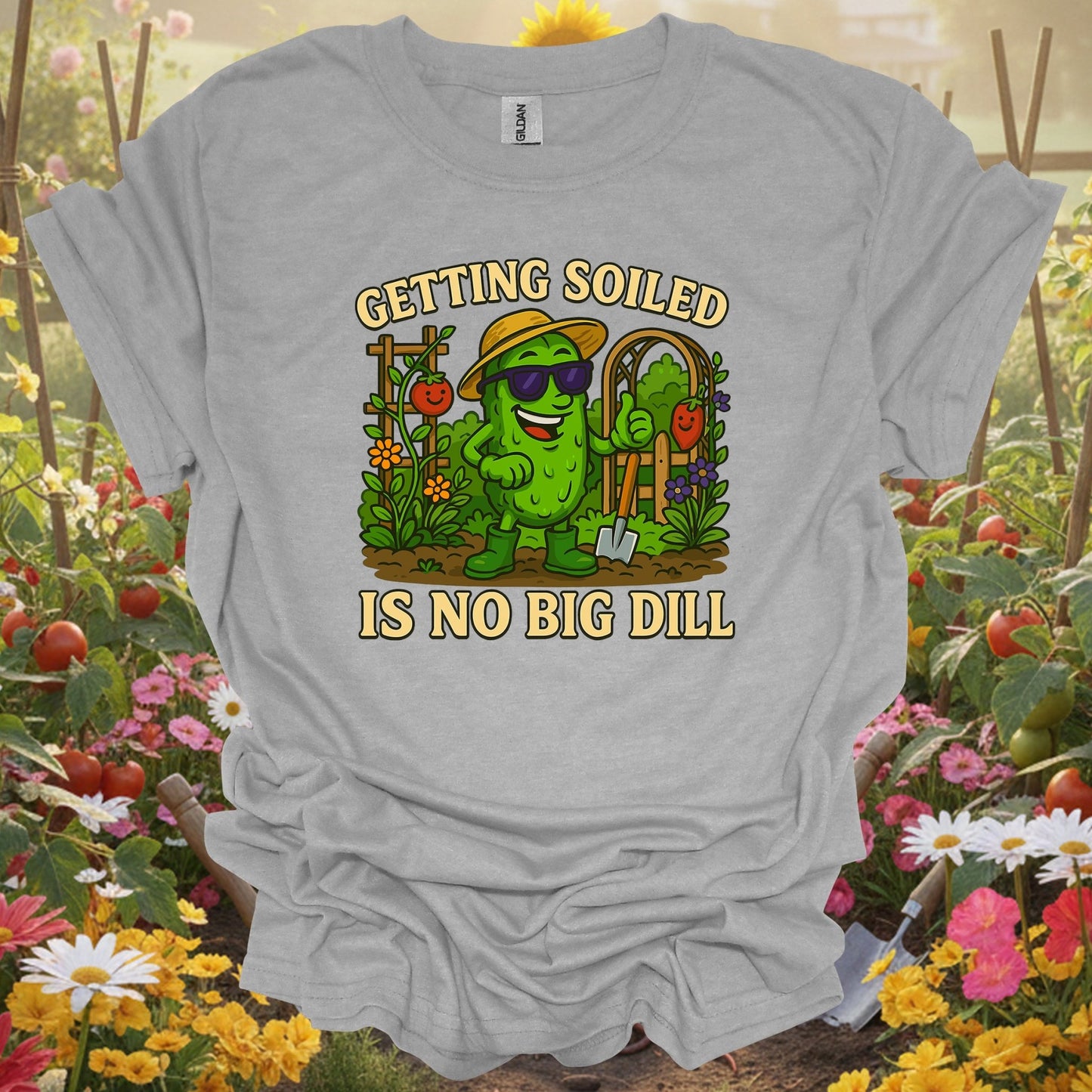 Sport Grey tshirt showing getting soiled is no big dill funny pickle for backyard growers