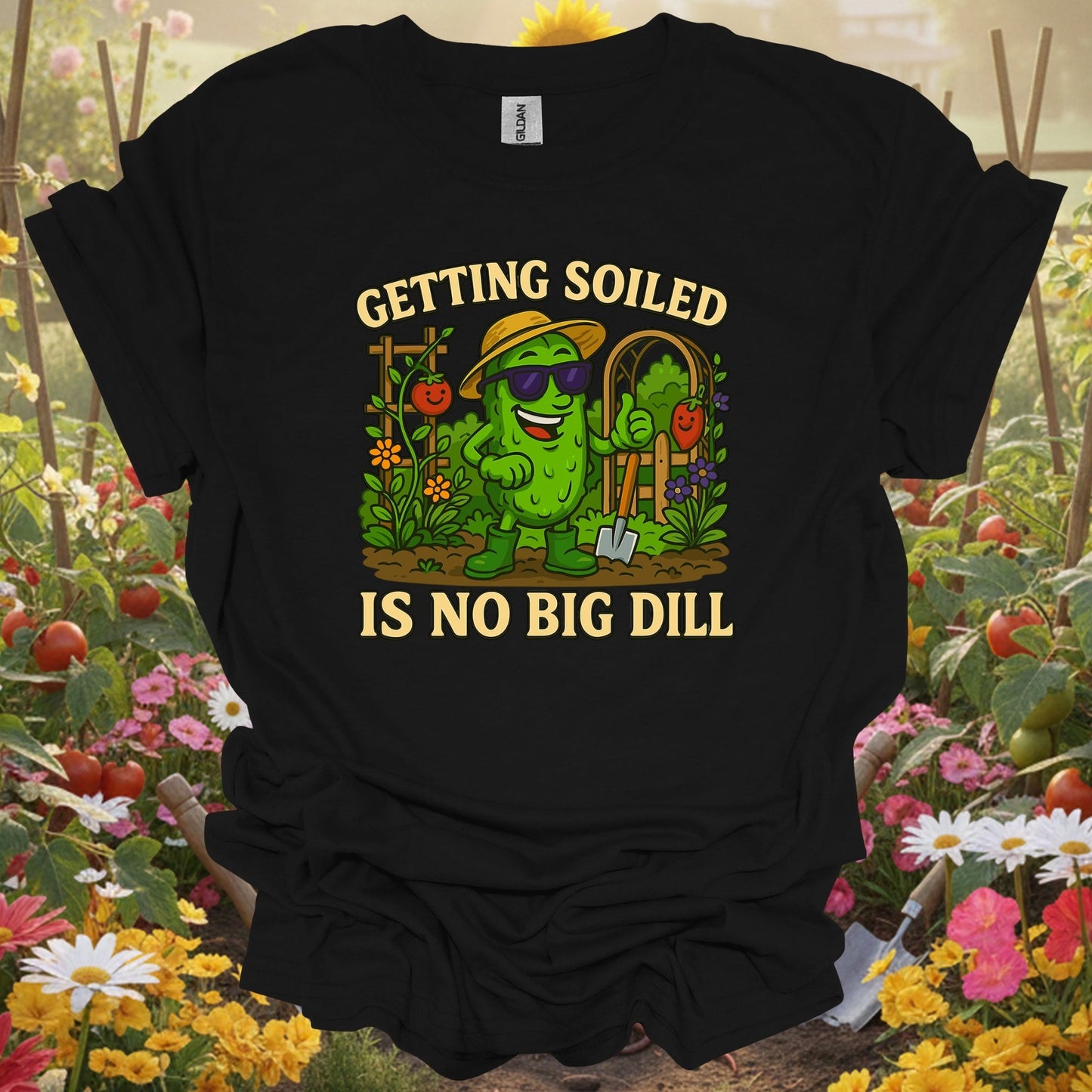 Black shirt showing getting soiled is no big dill funny pickle for outdoor enthusiasts