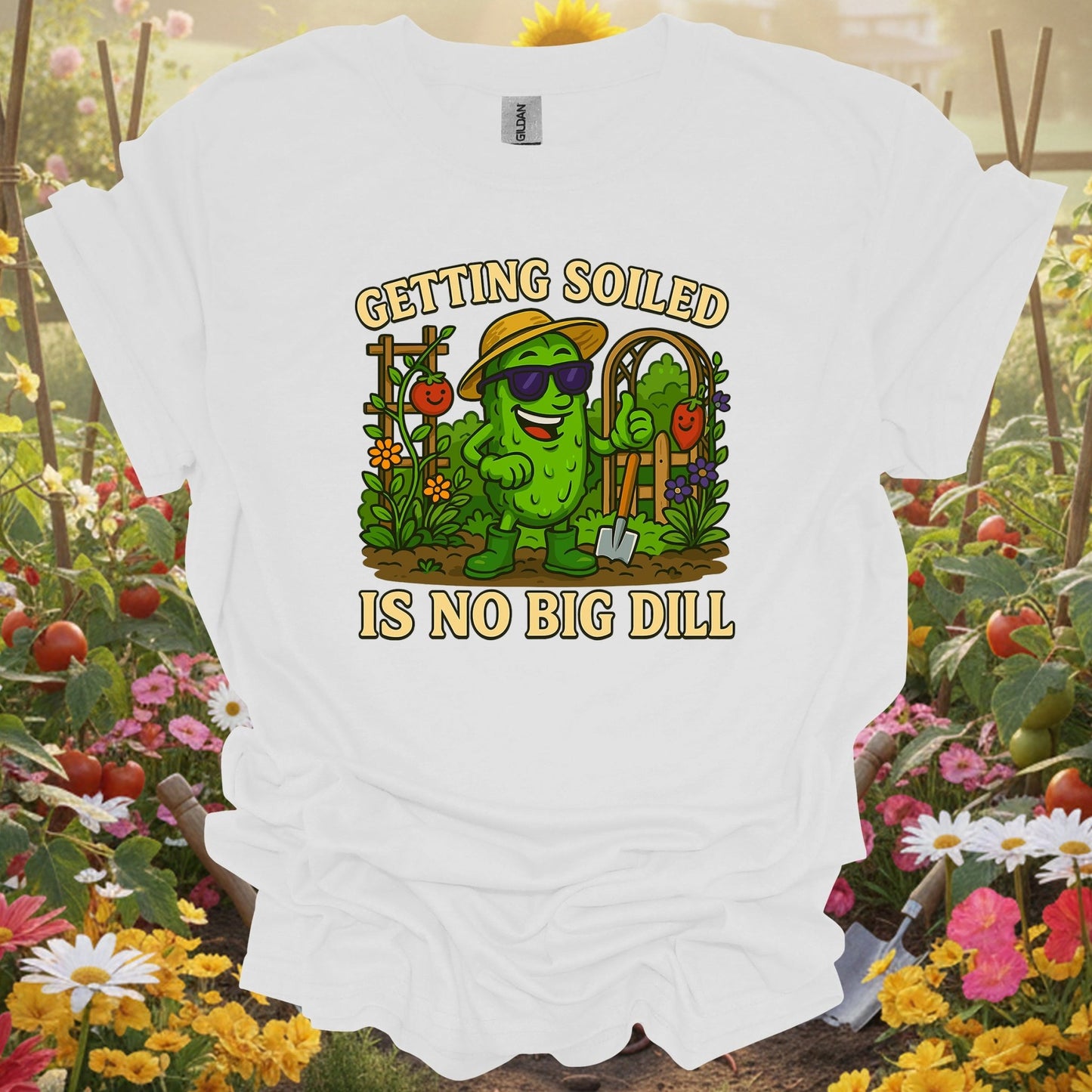 White tee showing getting soiled is no big dill funny pickle for garden hobbyists