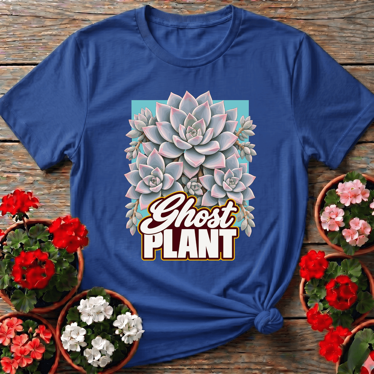 Royal vintage succulent rosette gardening shirt with "Ghost Plant" lettering for plant enthusiasts
