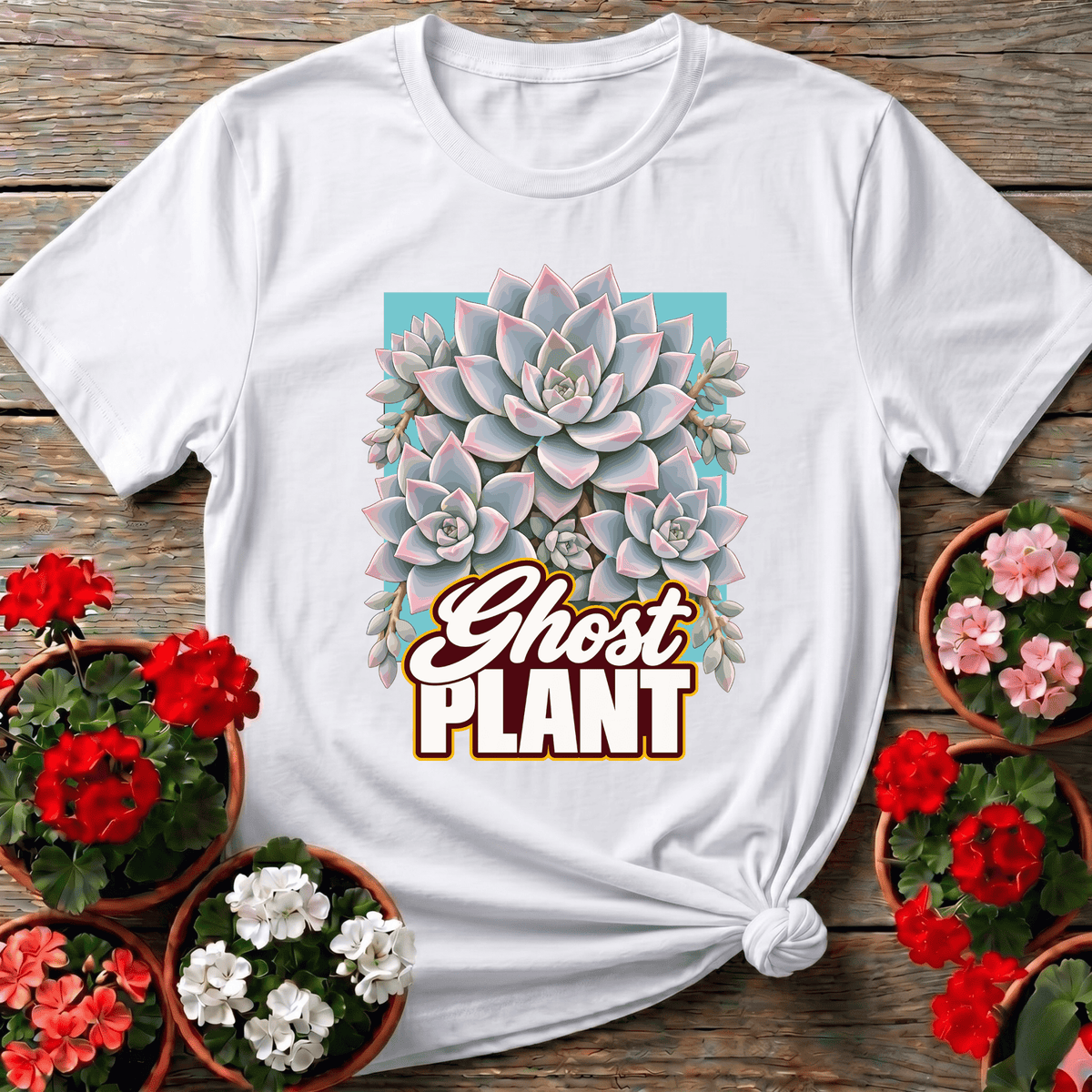 White bold retro illustration succulent shirt with "Ghost Plant" text for plant collectors