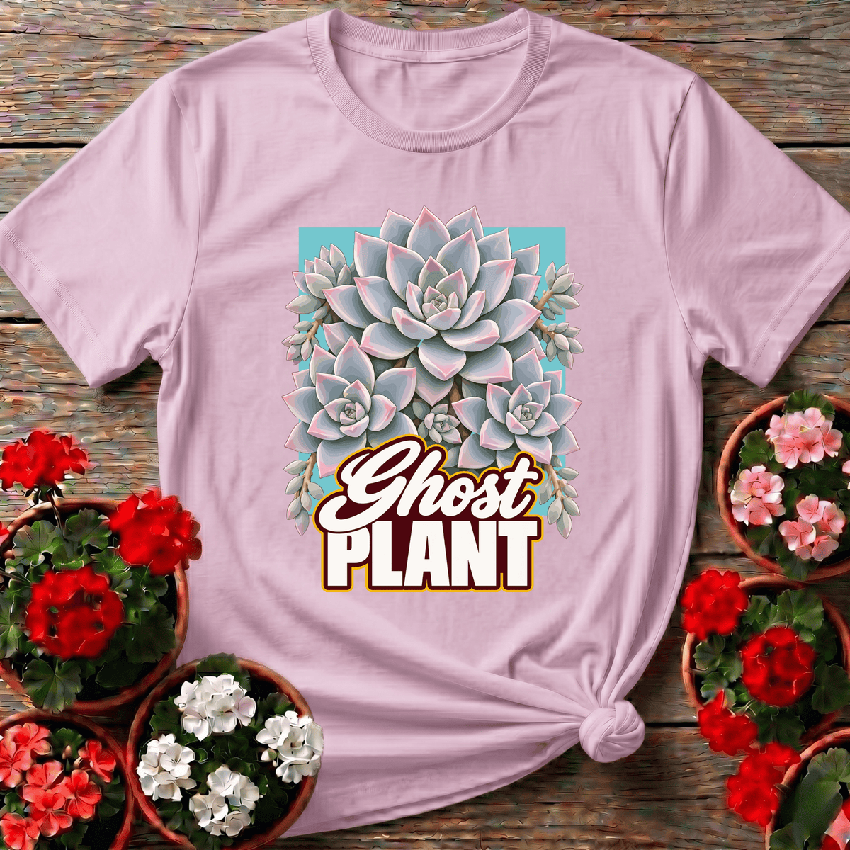 Light Pink blush retro succulent rosette gardening shirt with "Ghost Plant" text for plant collectors