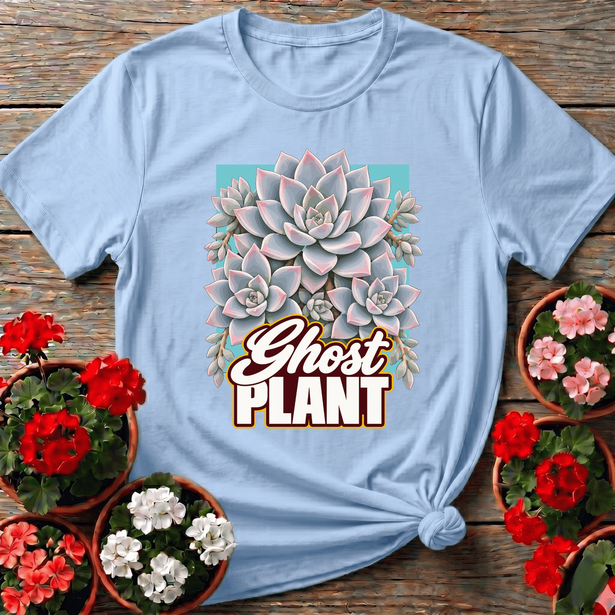 Light Blue bold retro Graptopetalum succulent top with "Ghost Plant" text for plant lovers