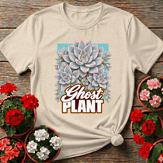 Natural retro cottagecore succulent tee with "Ghost Plant" graphic for slow gardening enthusiasts