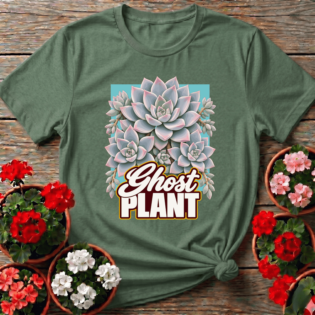 Military Green vintage illustration Ghost Plant succulent gardening shirt for xeriscape gardeners