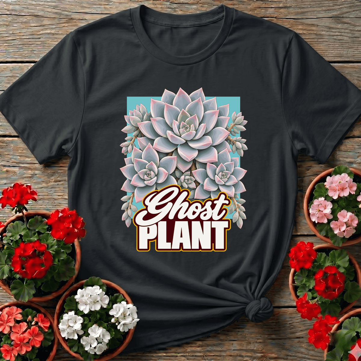 Black retro vintage succulent gardening tee with "Ghost Plant" text for Graptopetalum collectors