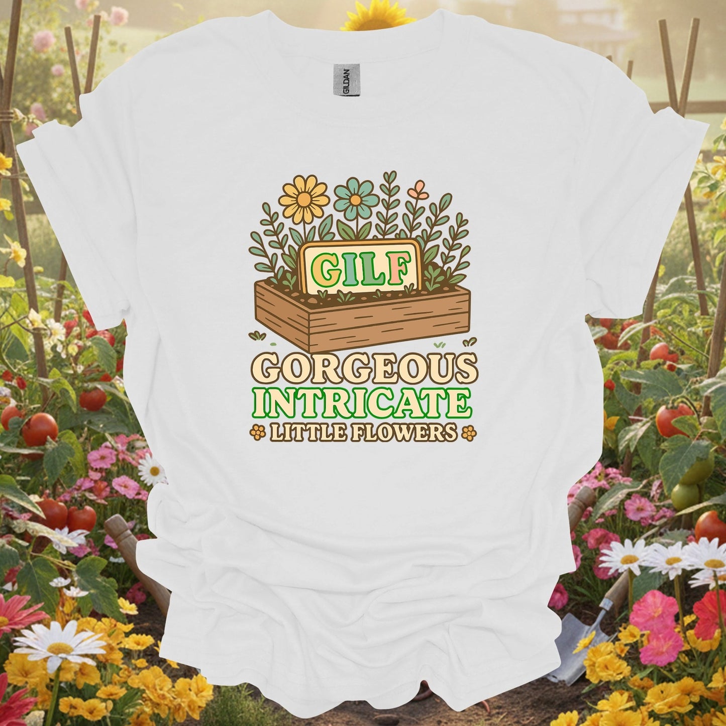 White tee showing gilf gorgeous intricate little flowers pun for garden hobbyists