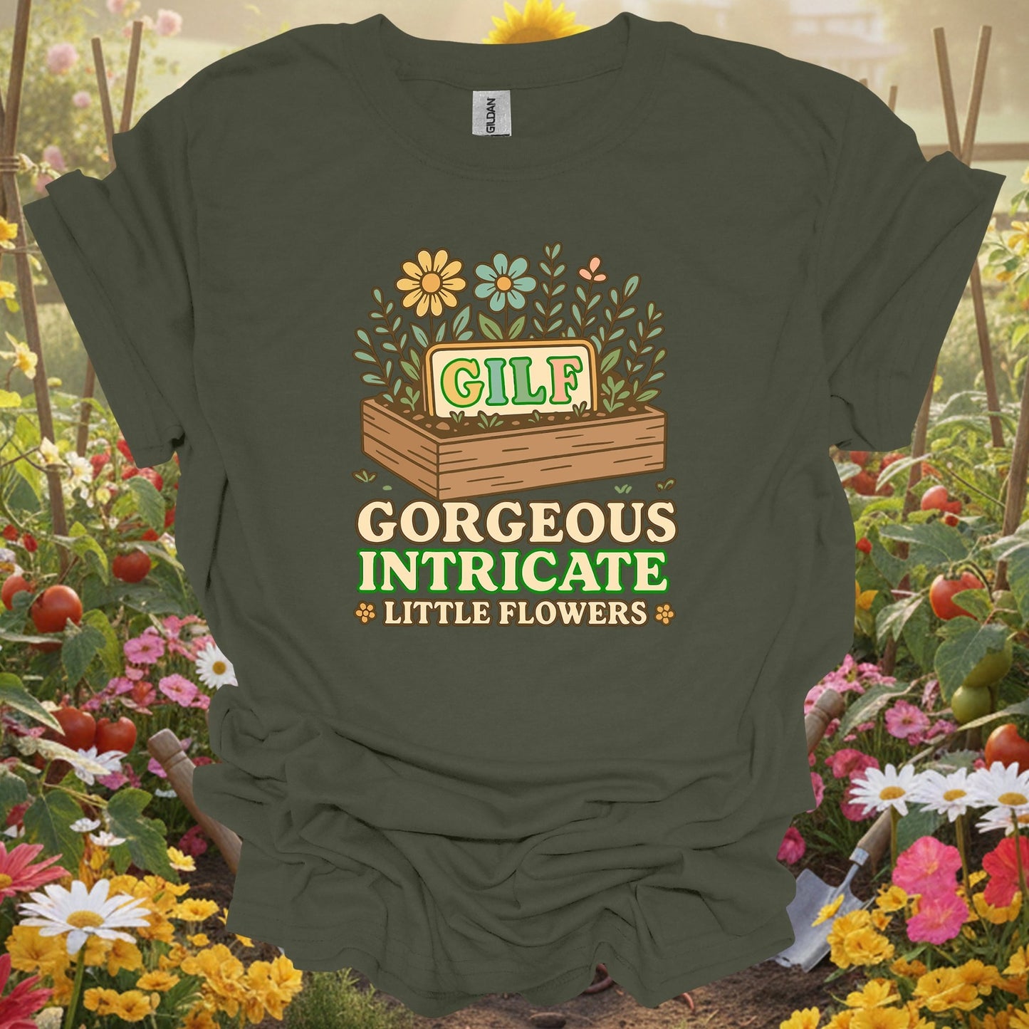 Military Green top showing gilf gorgeous intricate little flowers pun for nature lovers