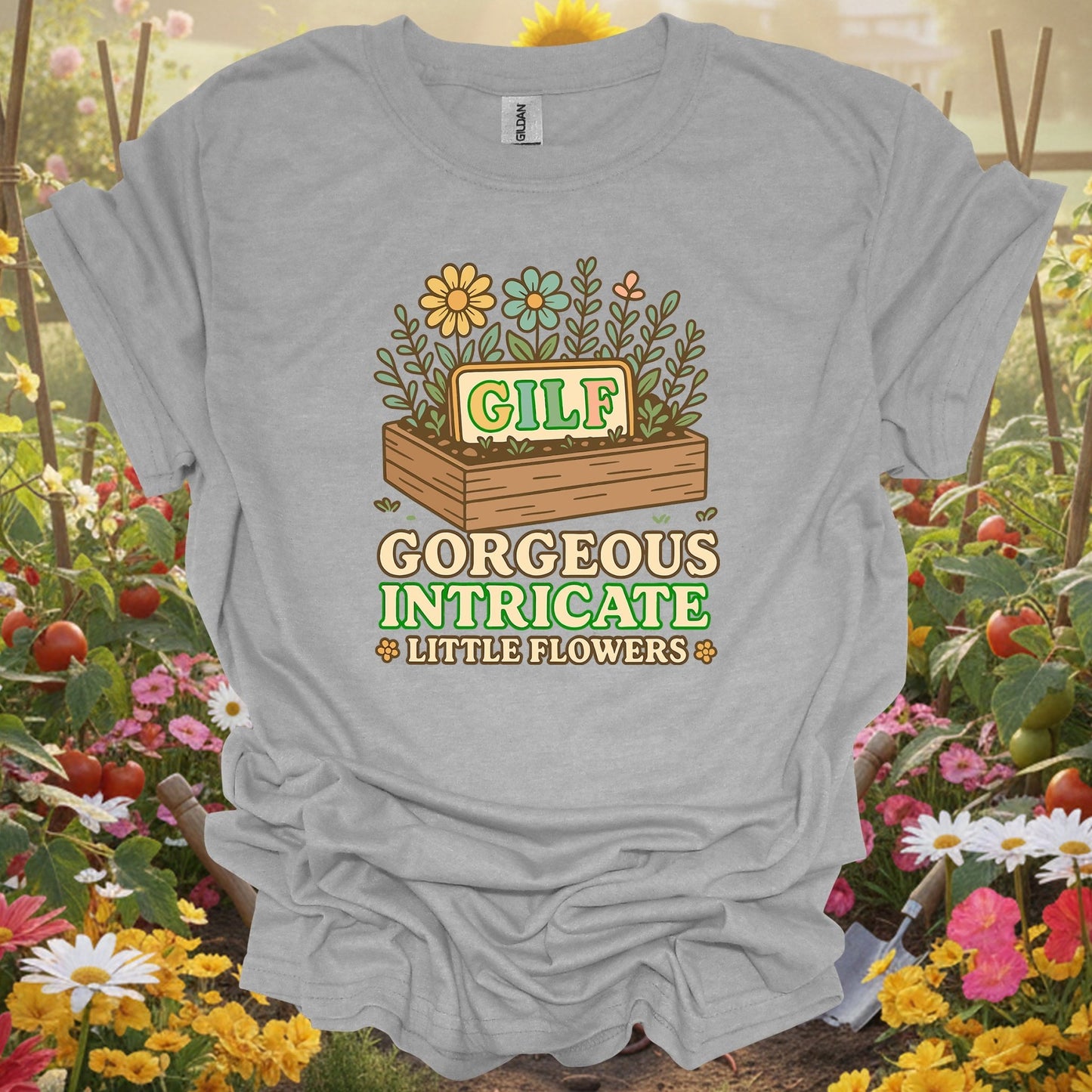 Sport Grey tshirt showing gilf gorgeous intricate little flowers pun for backyard growers