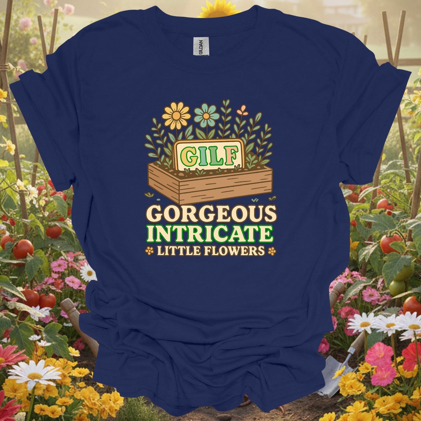 Navy shirt showing gilf gorgeous intricate little flowers pun for home gardeners