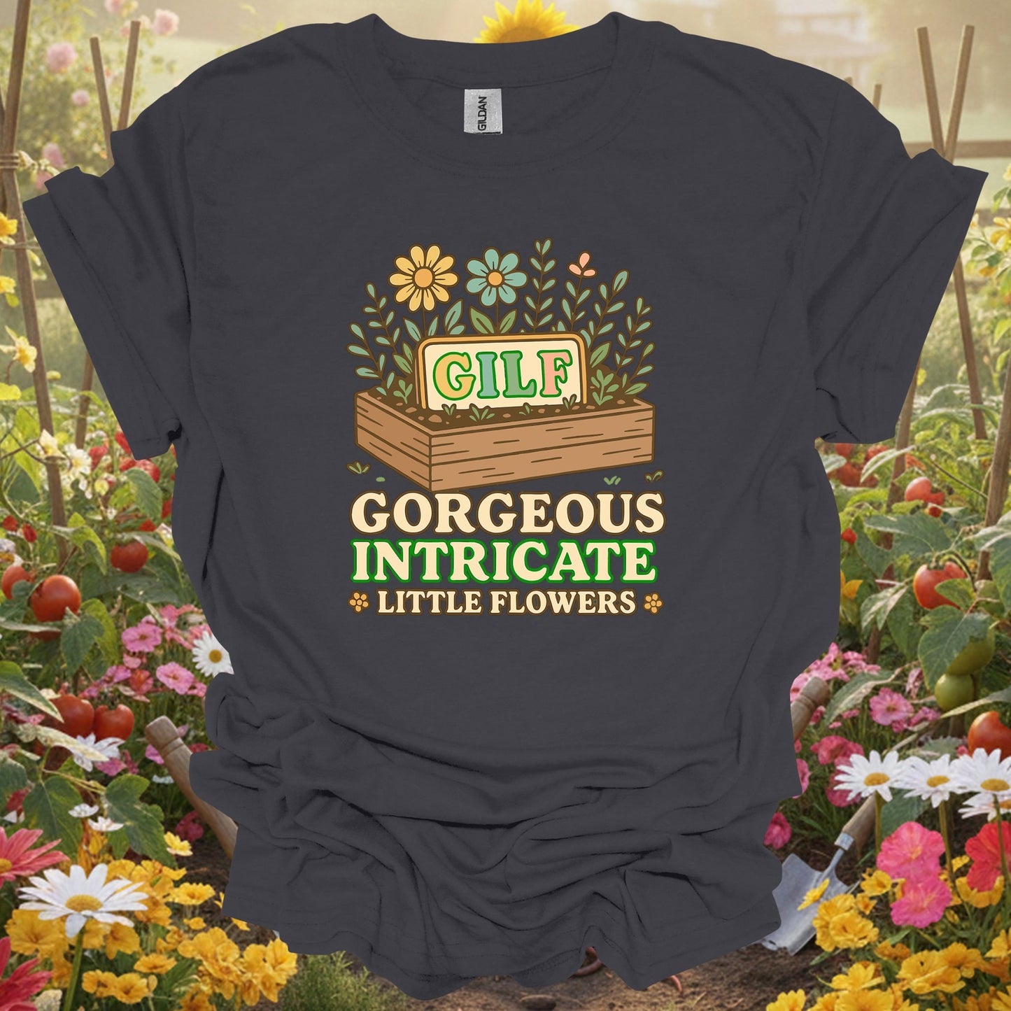 Charcoal tshirt showing gilf gorgeous intricate little flowers pun for gardening enthusiasts