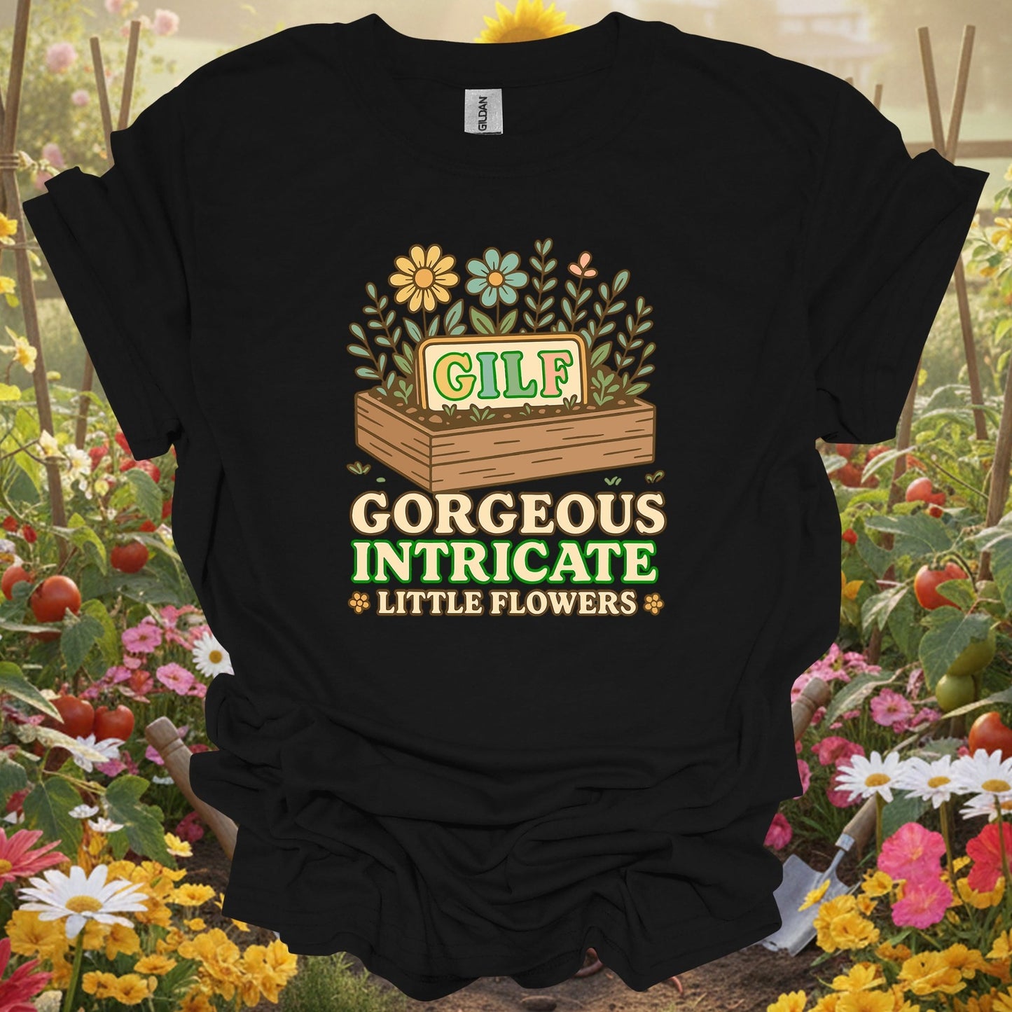 Black shirt showing gilf gorgeous intricate little flowers pun for outdoor enthusiasts