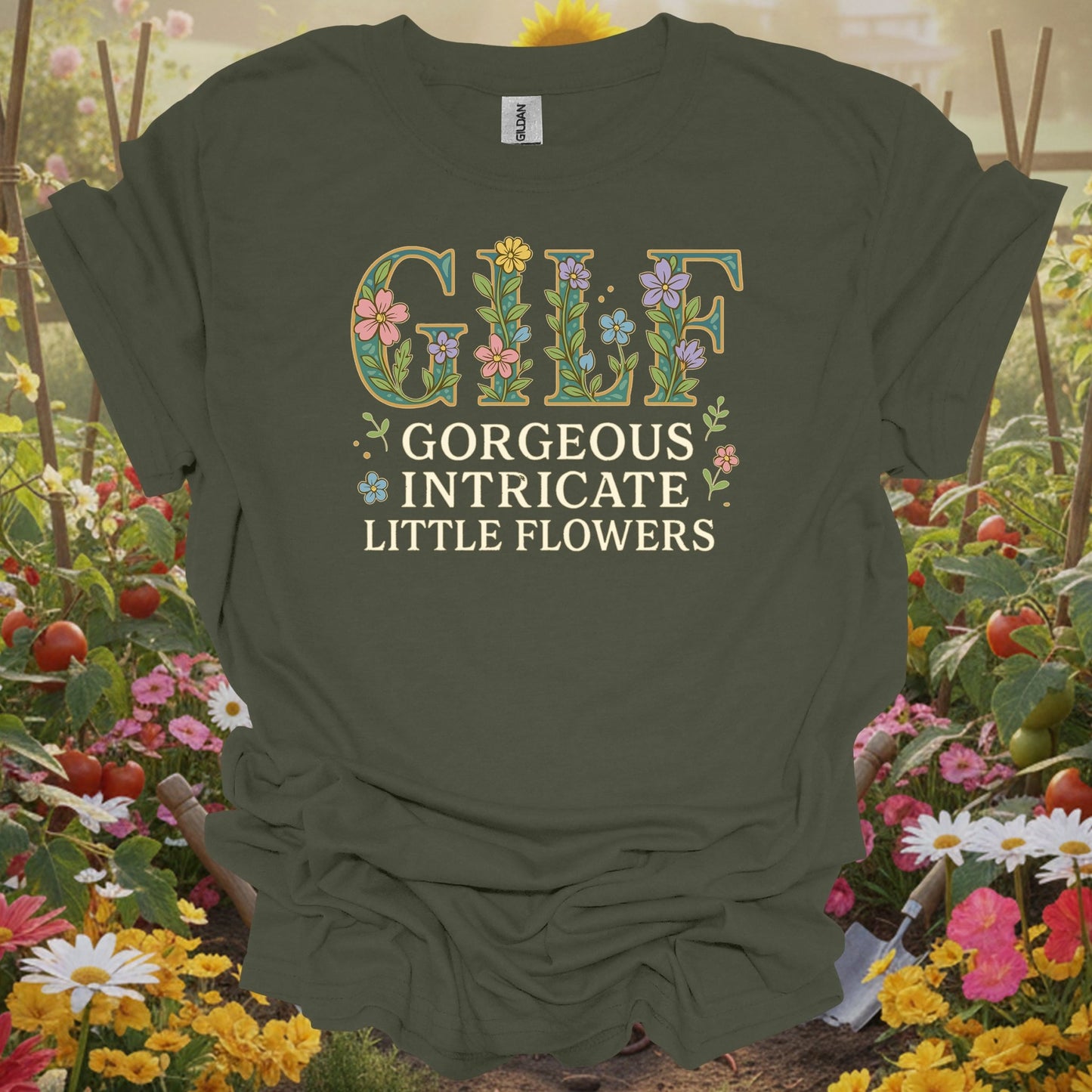 Military Green top showing gilf gorgeous intricate little flowers for folks who cultivate beauty