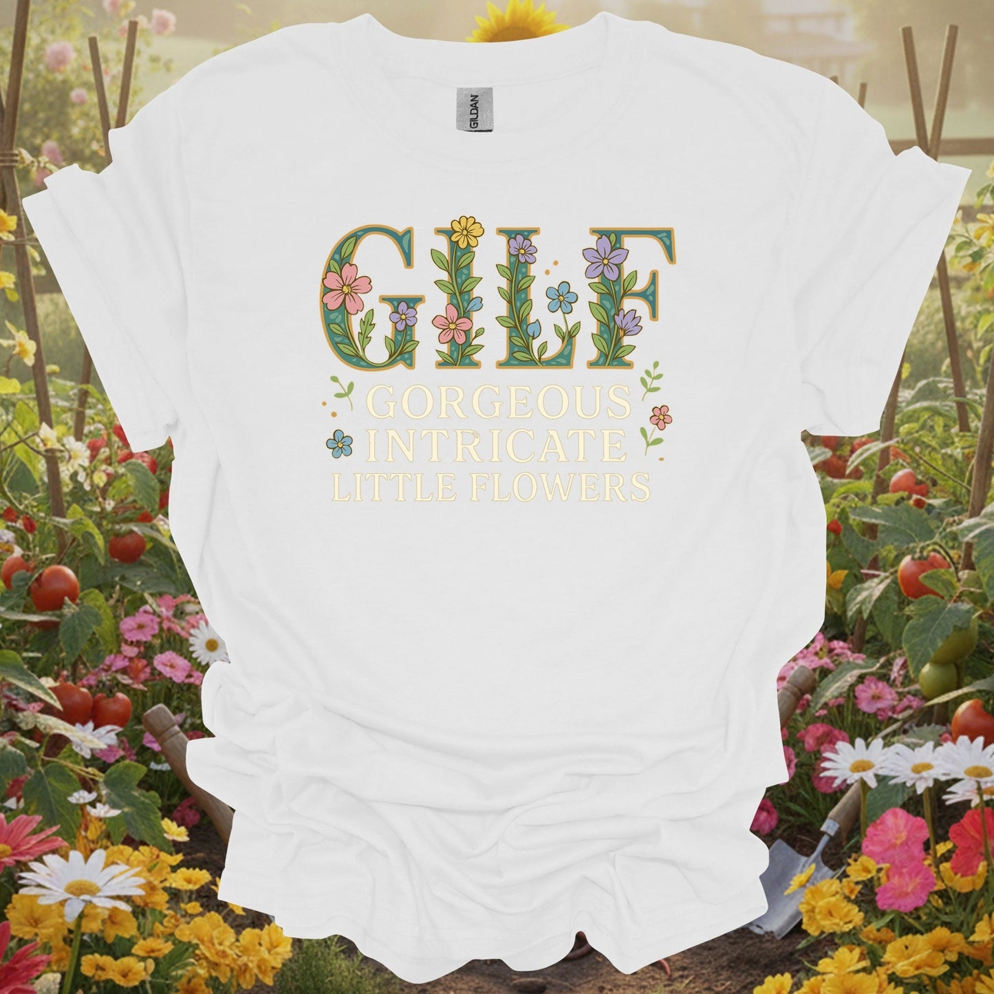 White tee showing gilf gorgeous intricate little flowers for bloom enthusiasts
