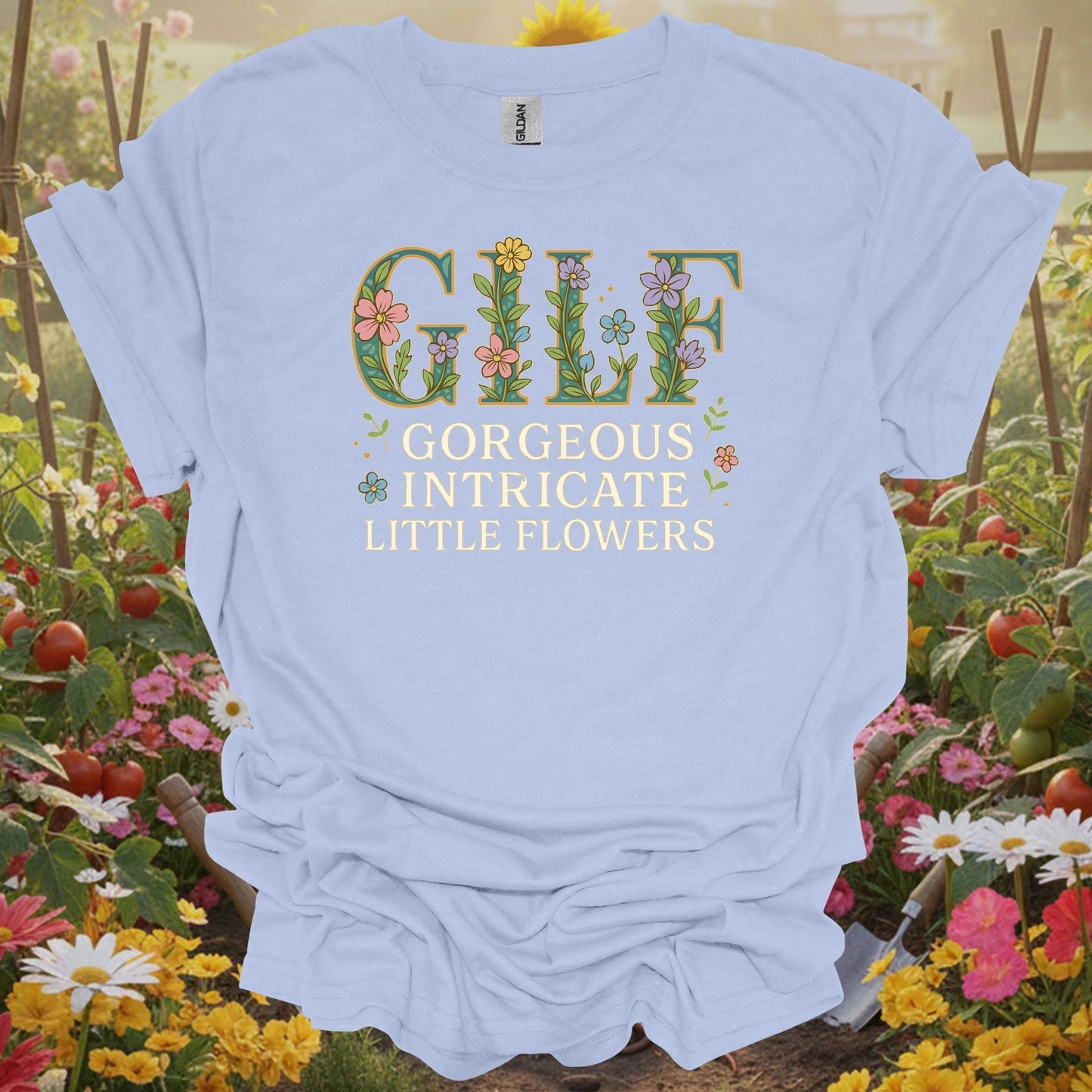 Light Blue shirt showing gilf gorgeous intricate little flowers for people who love blooms