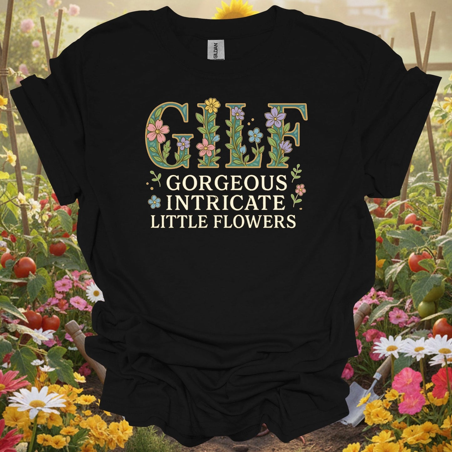 Black shirt showing gilf gorgeous intricate little flowers for garden flower lovers