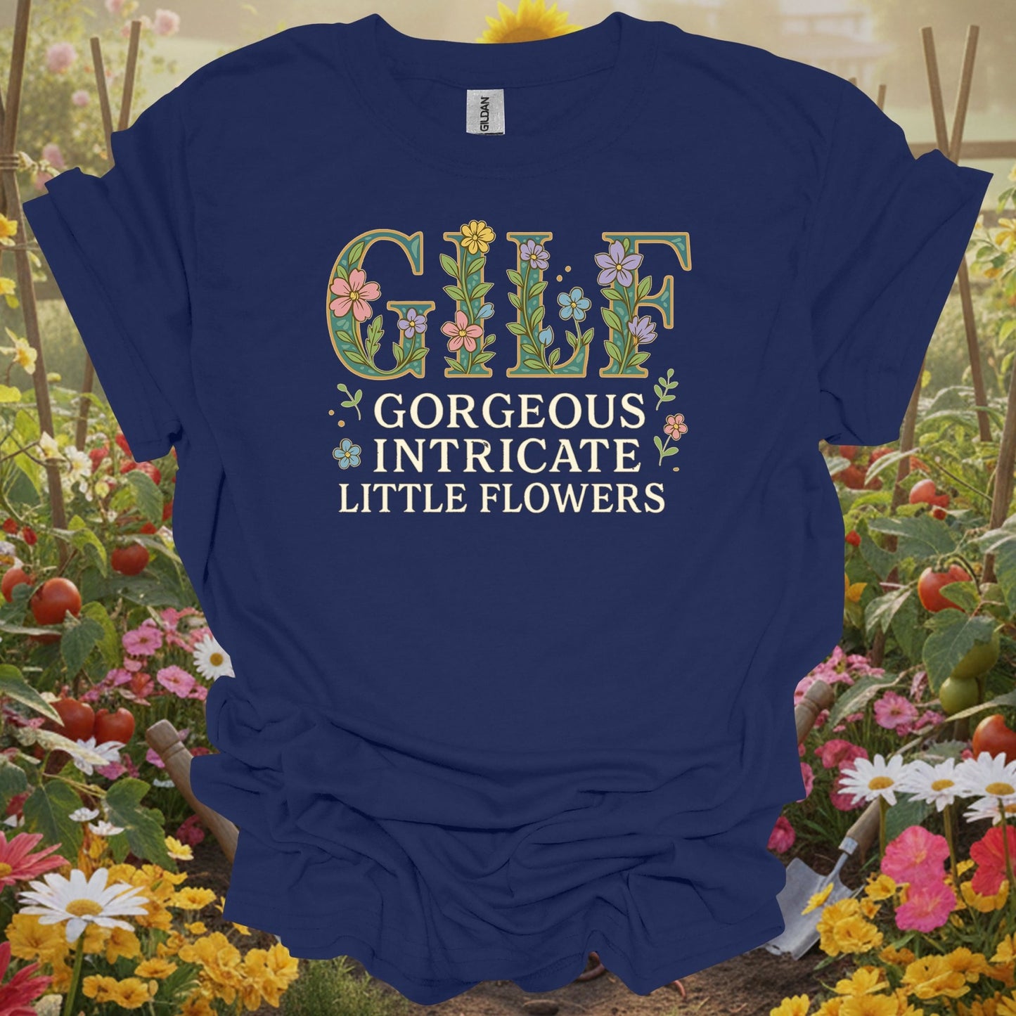 Navy tshirt showing gilf gorgeous intricate little flowers for flower enthusiasts