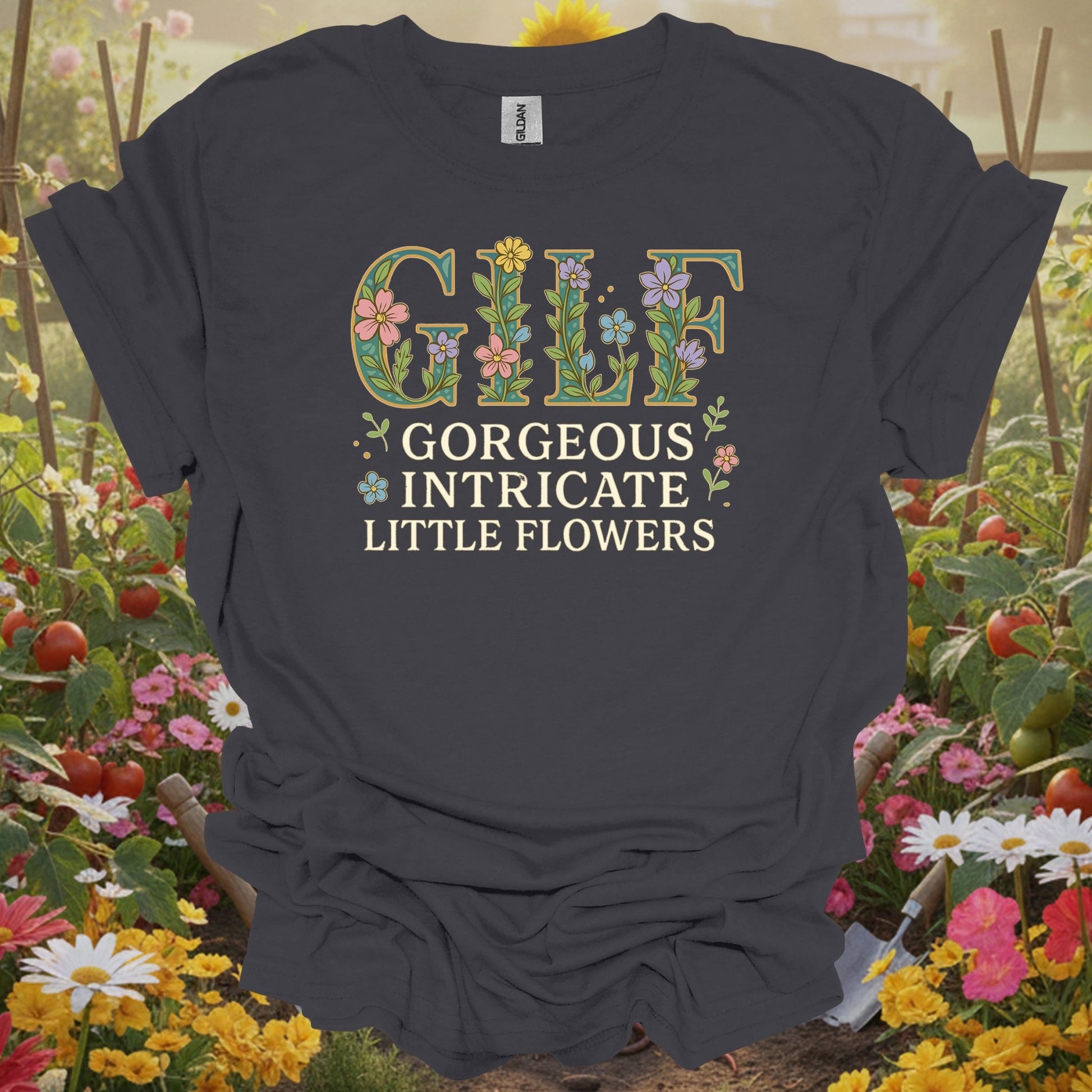 Charcoal tee showing gilf gorgeous intricate little flowers for floral garden keepers